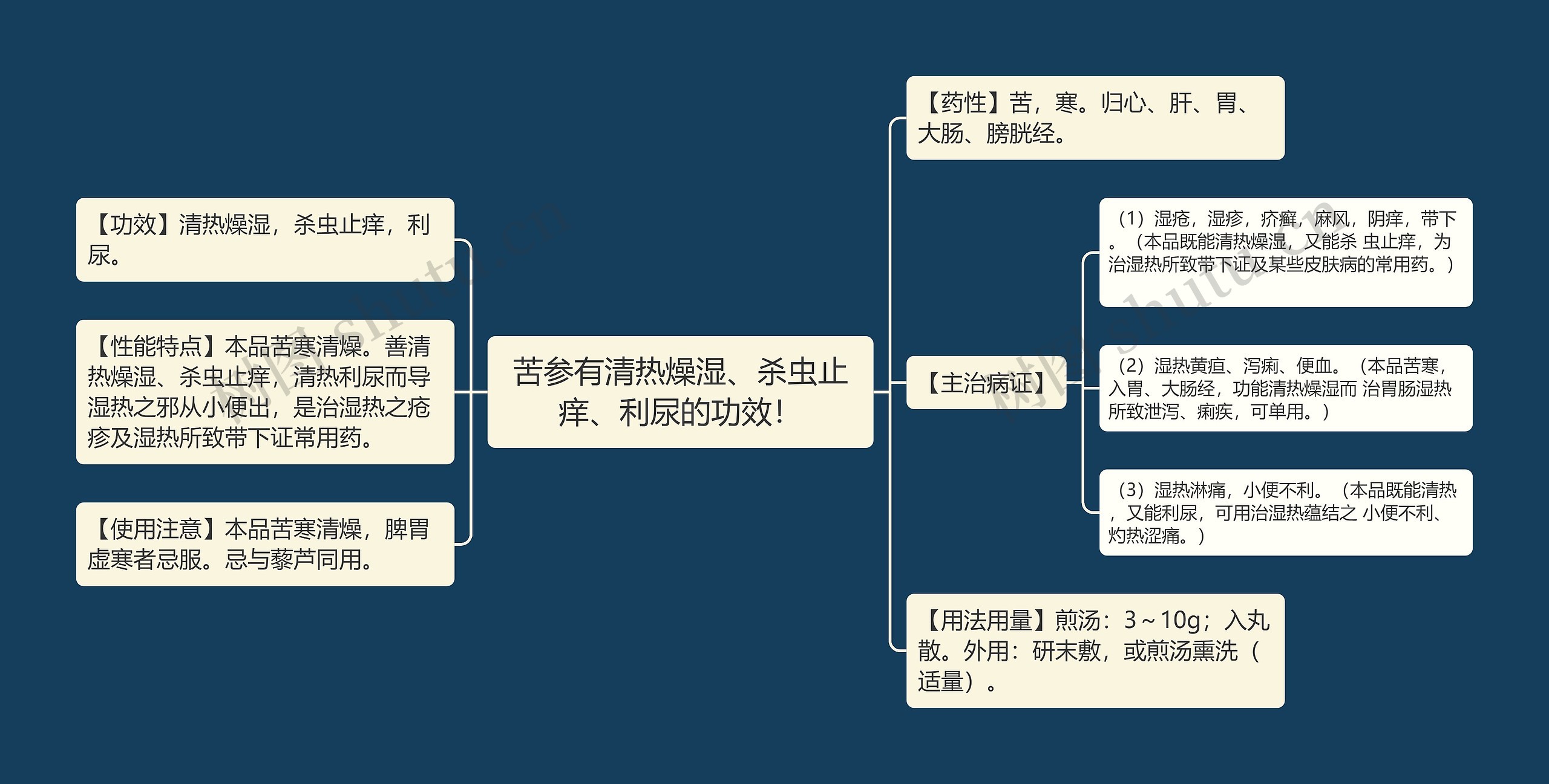 苦参有清热燥湿、杀虫止痒、利尿的功效！思维导图