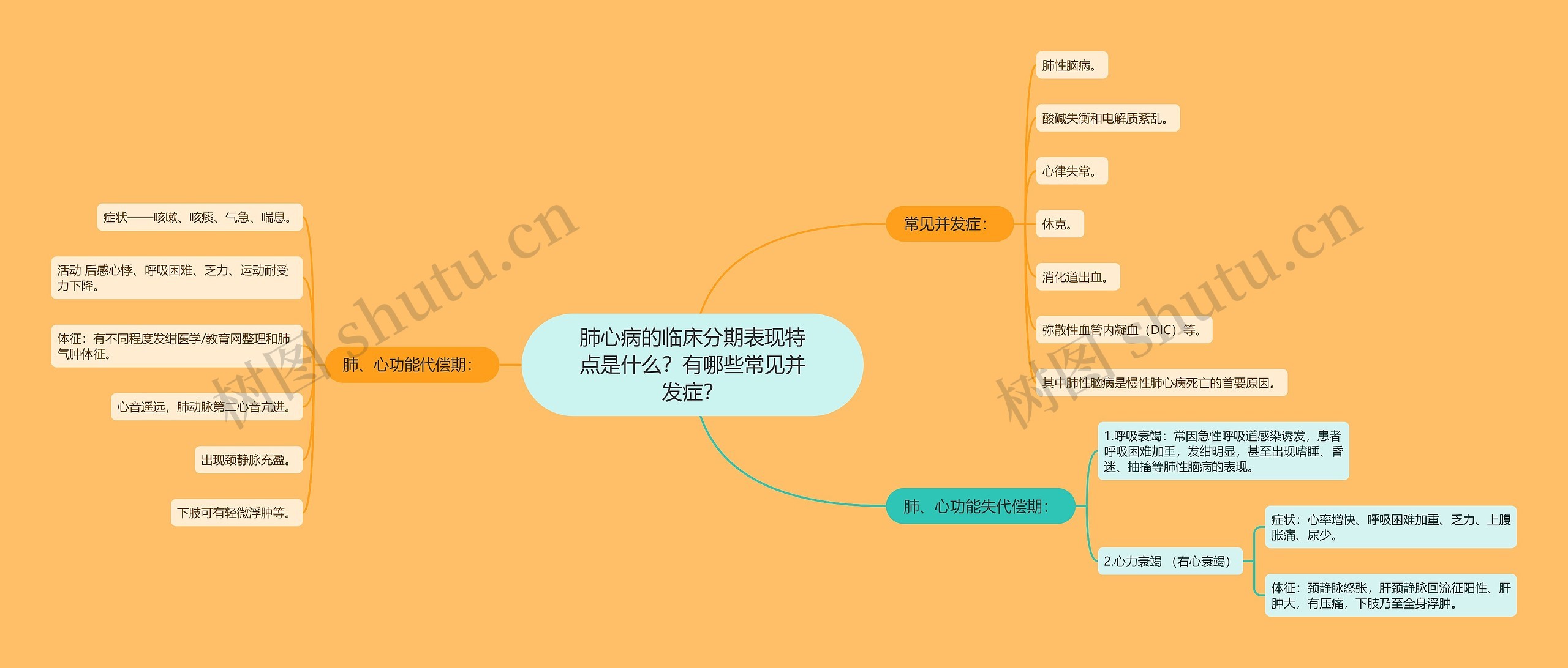 肺心病的临床分期表现特点是什么？有哪些常见并发症？思维导图