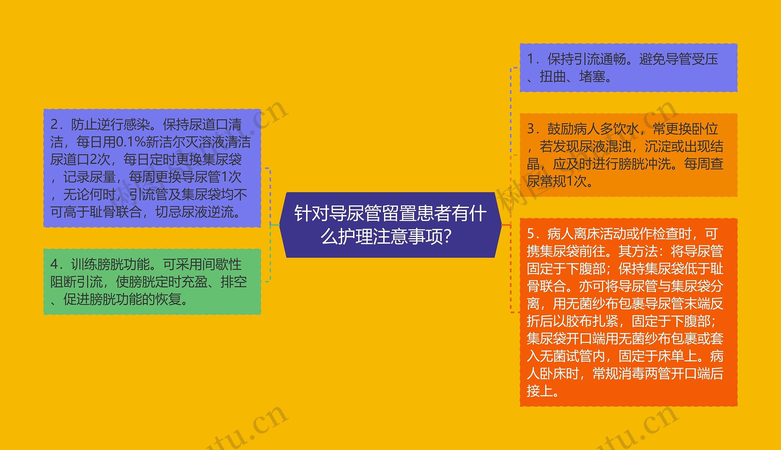 针对导尿管留置患者有什么护理注意事项？思维导图