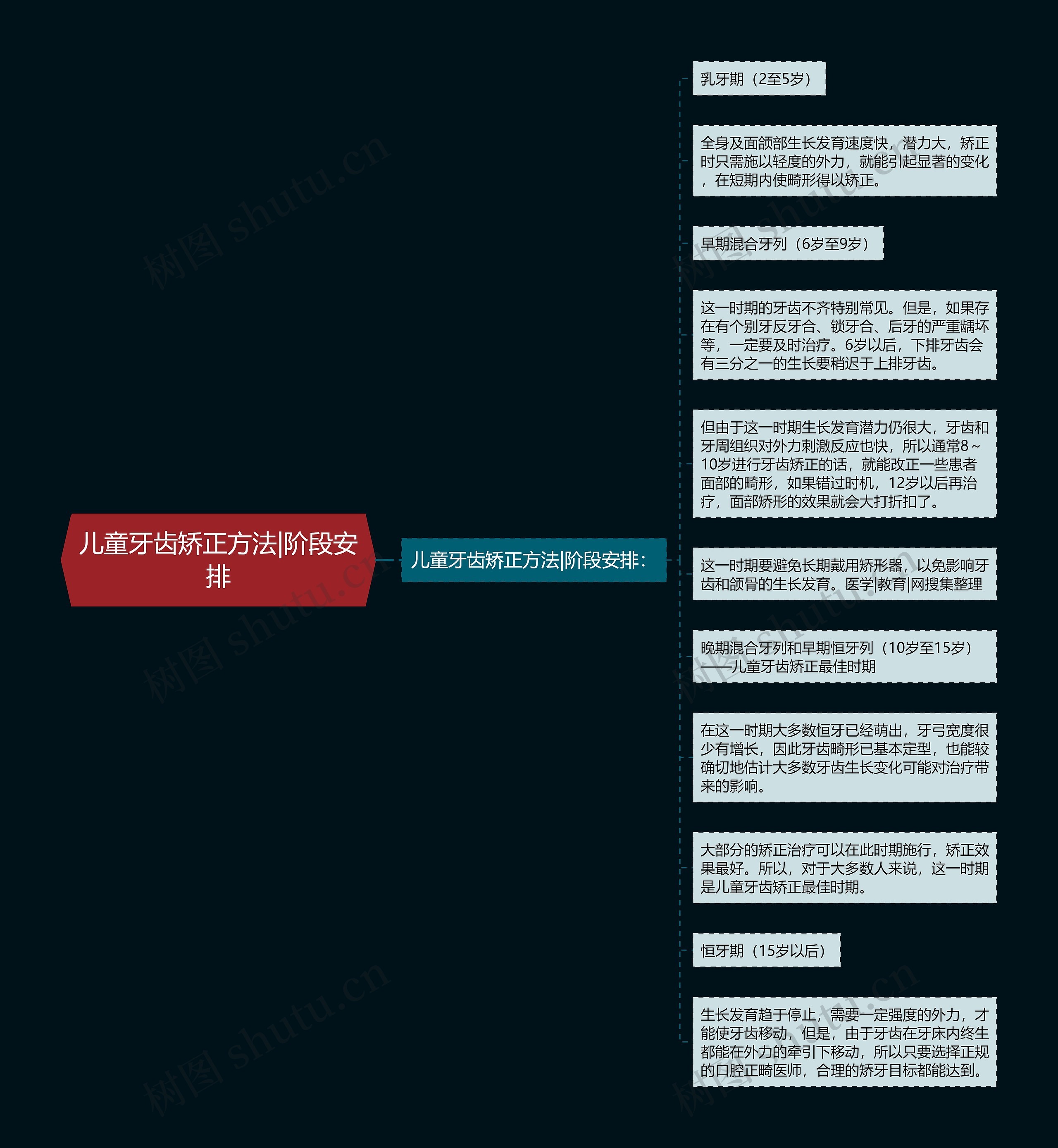 儿童牙齿矫正方法|阶段安排思维导图