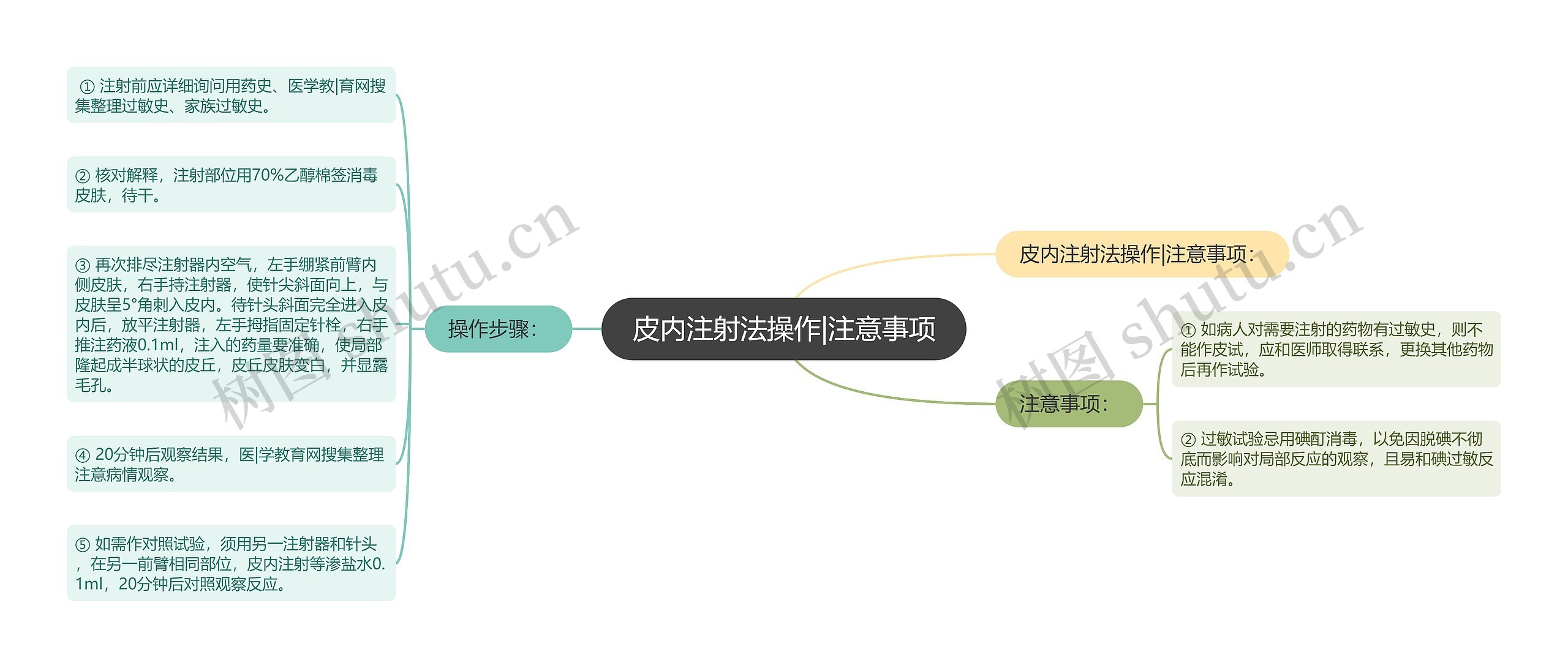 皮内注射法操作|注意事项思维导图