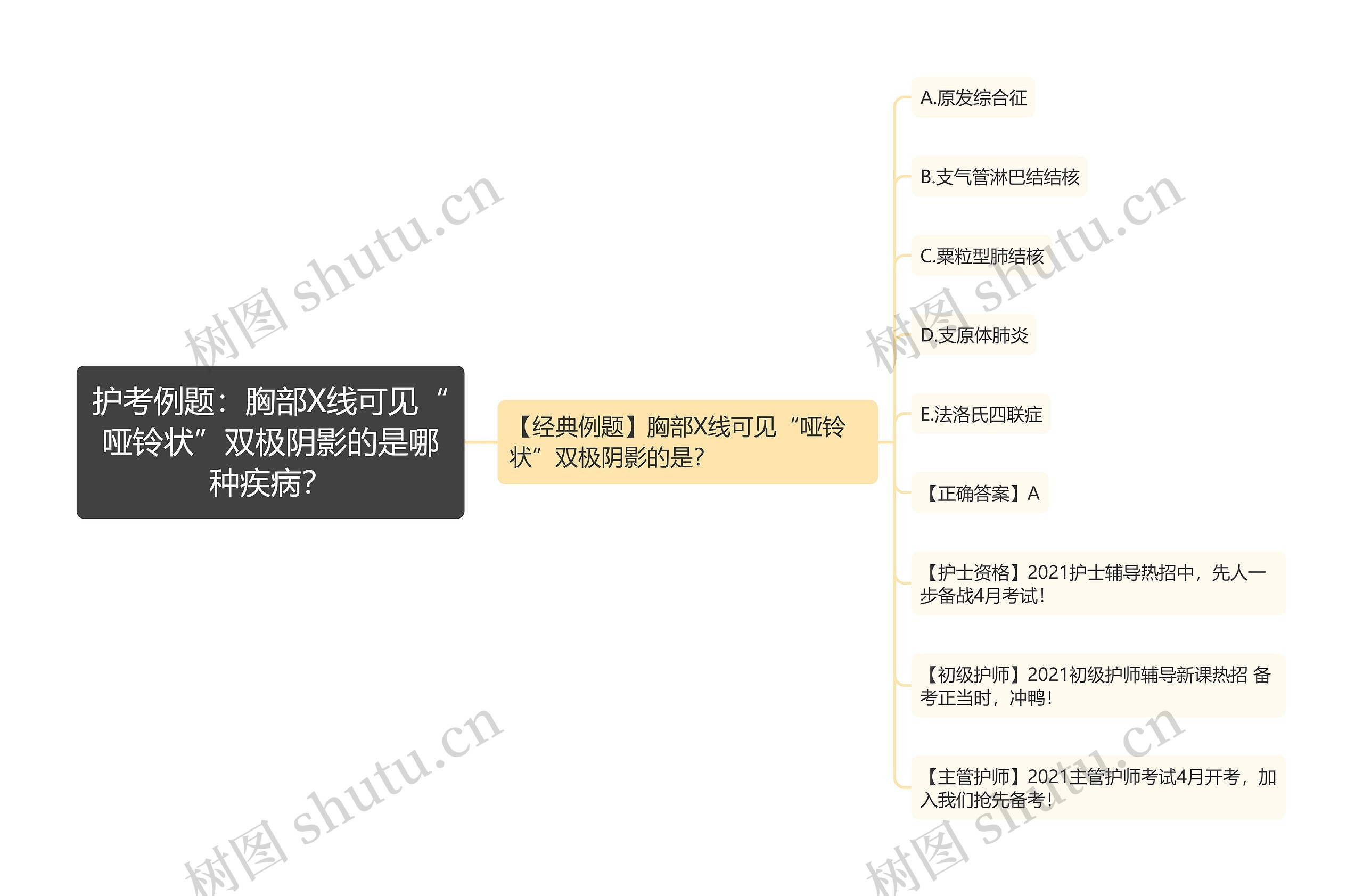 护考例题：胸部X线可见“哑铃状”双极阴影的是哪种疾病？思维导图