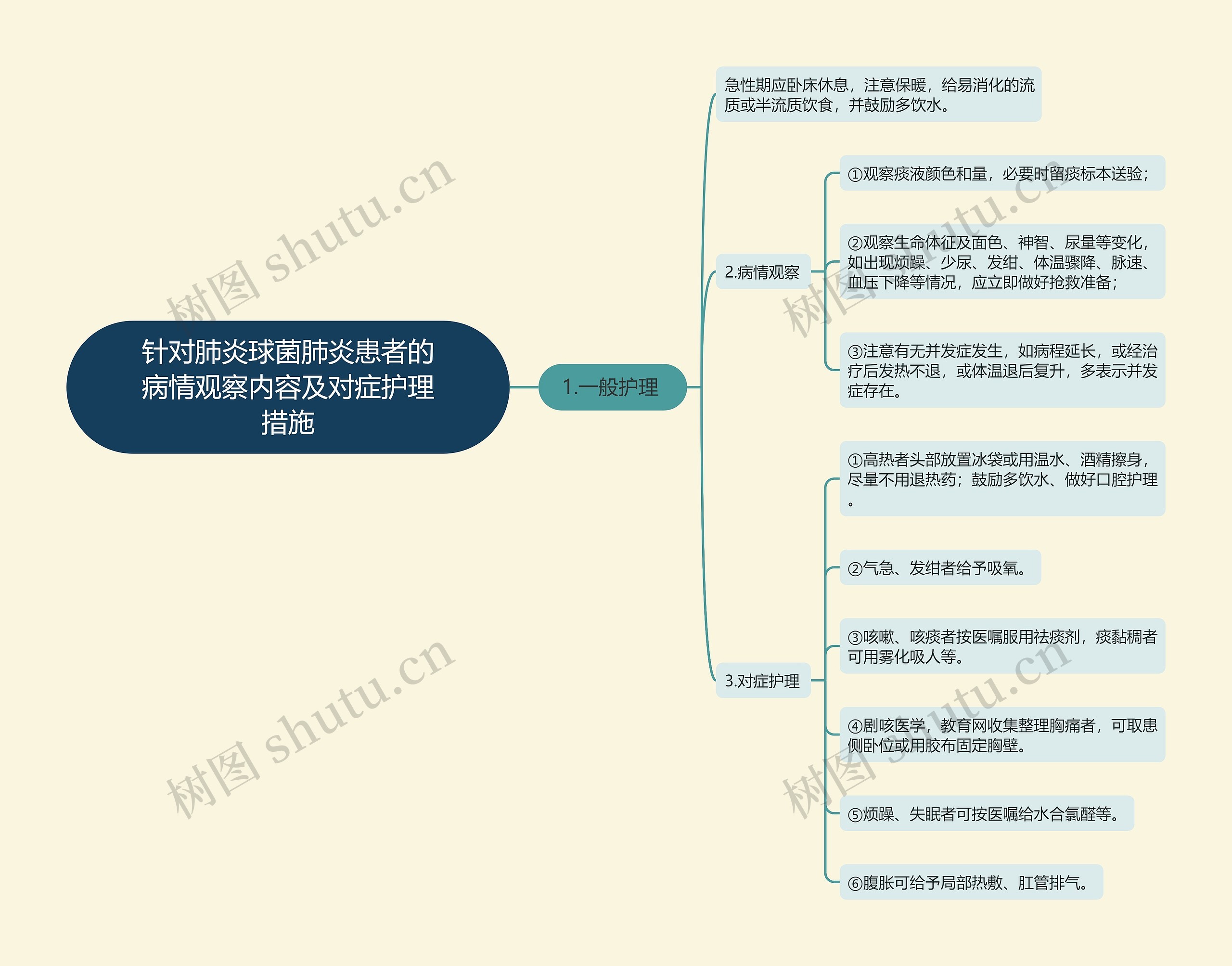 针对肺炎球菌肺炎患者的病情观察内容及对症护理措施思维导图