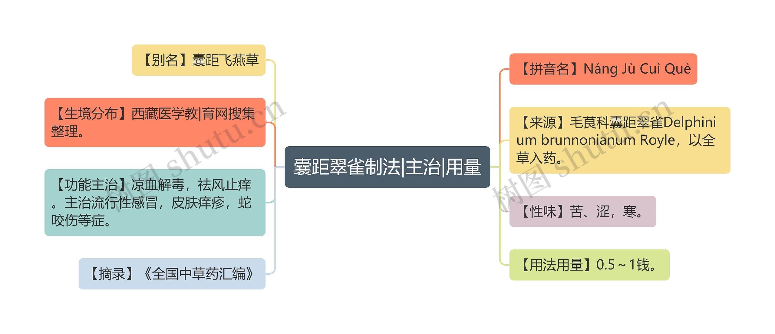 囊距翠雀制法|主治|用量思维导图