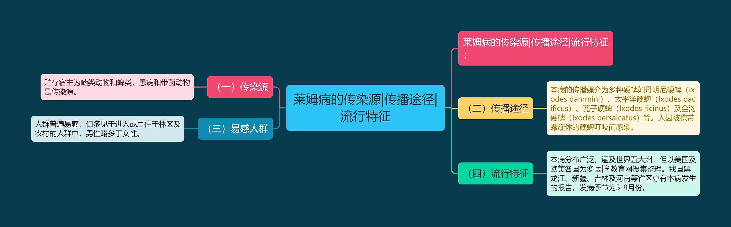 莱姆病的传染源|传播途径|流行特征思维导图