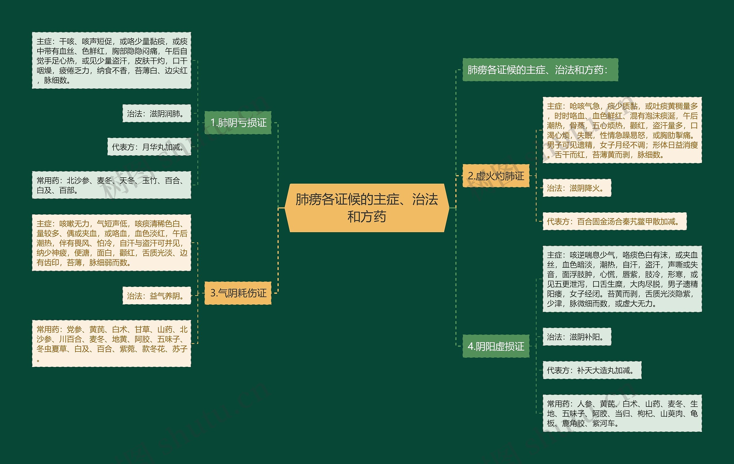 肺痨各证候的主症、治法和方药思维导图