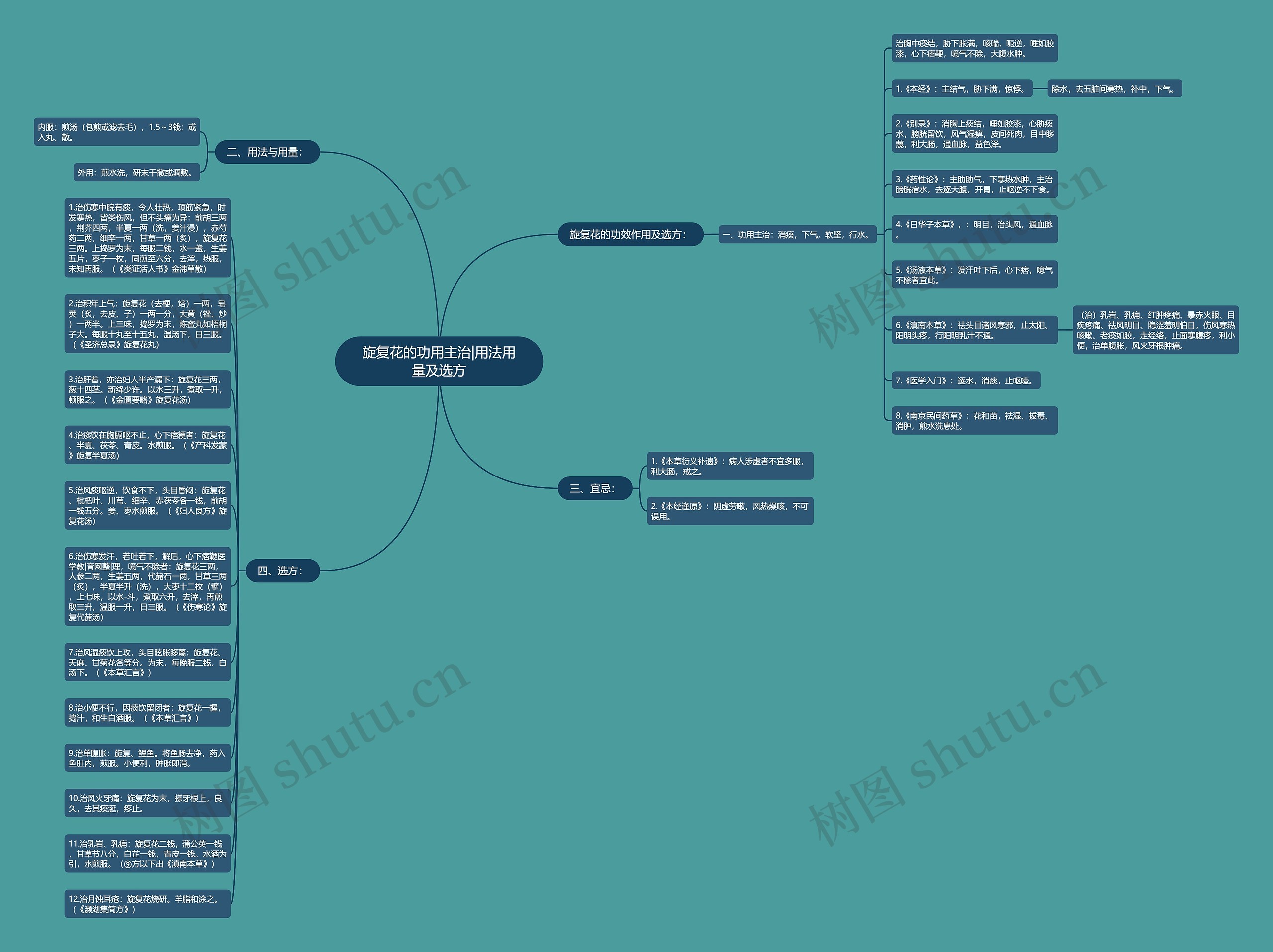旋复花的功用主治|用法用量及选方思维导图