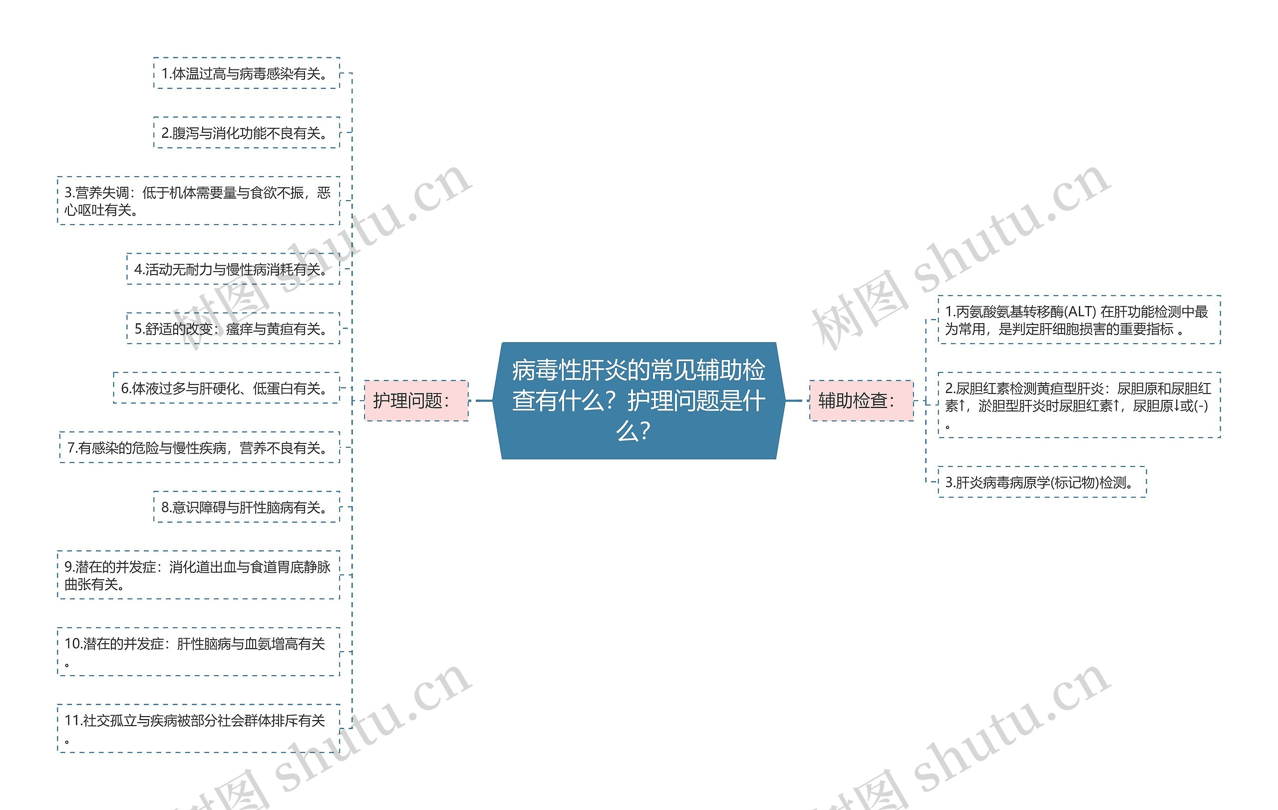 病毒性肝炎的常见辅助检查有什么？护理问题是什么？思维导图