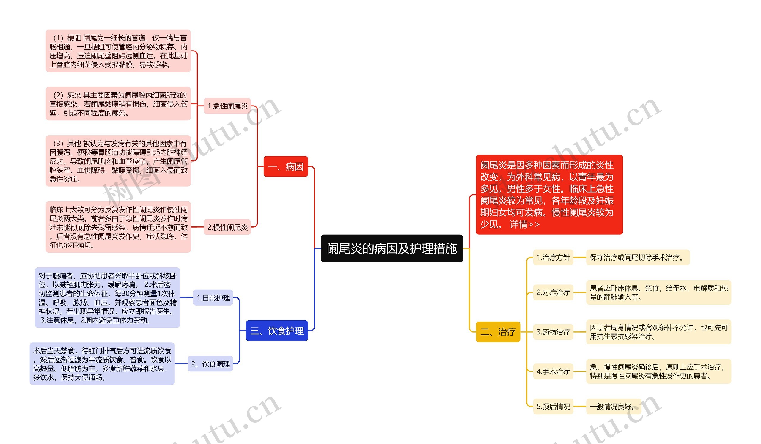 阑尾炎的病因及护理措施思维导图