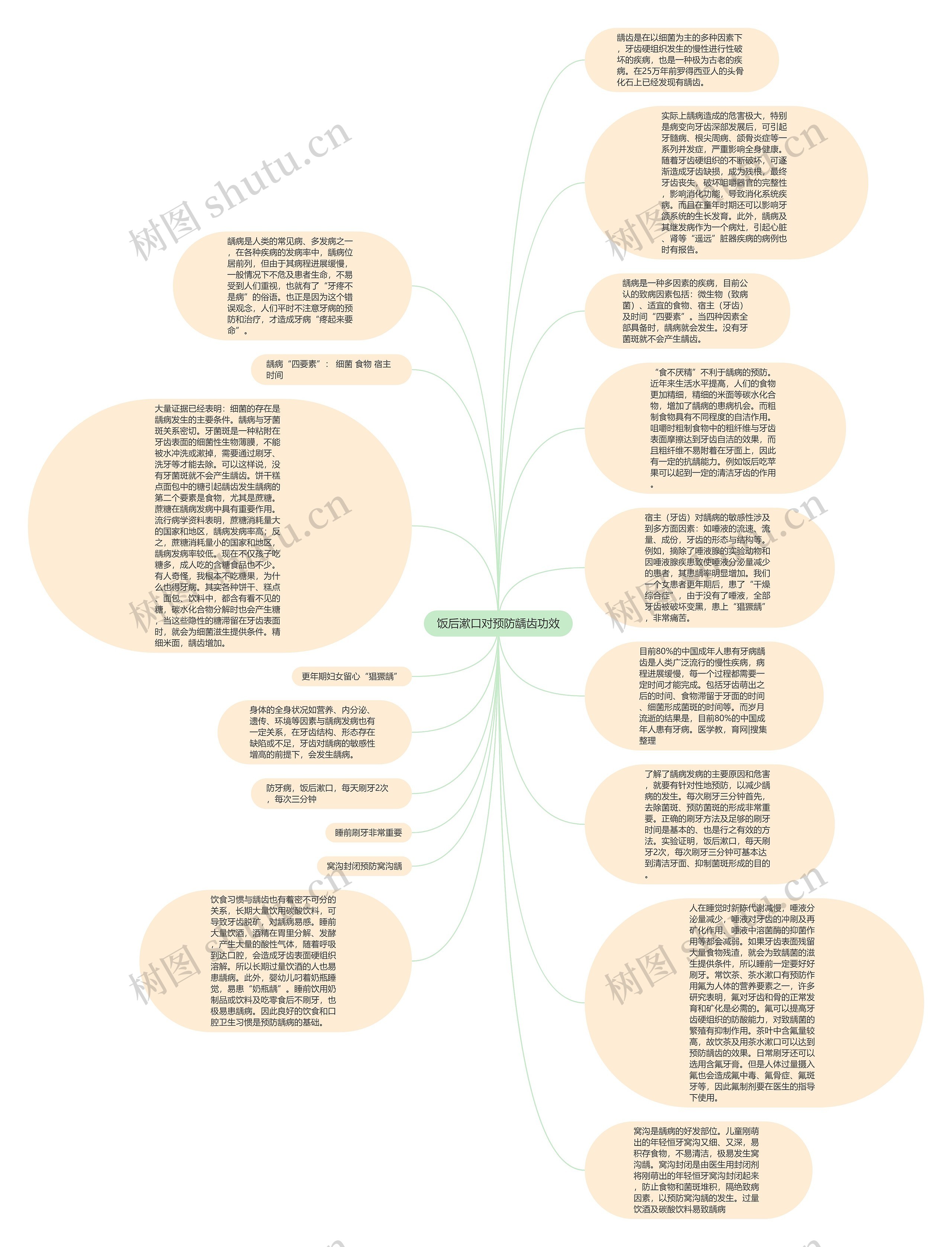 饭后漱口对预防龋齿功效思维导图