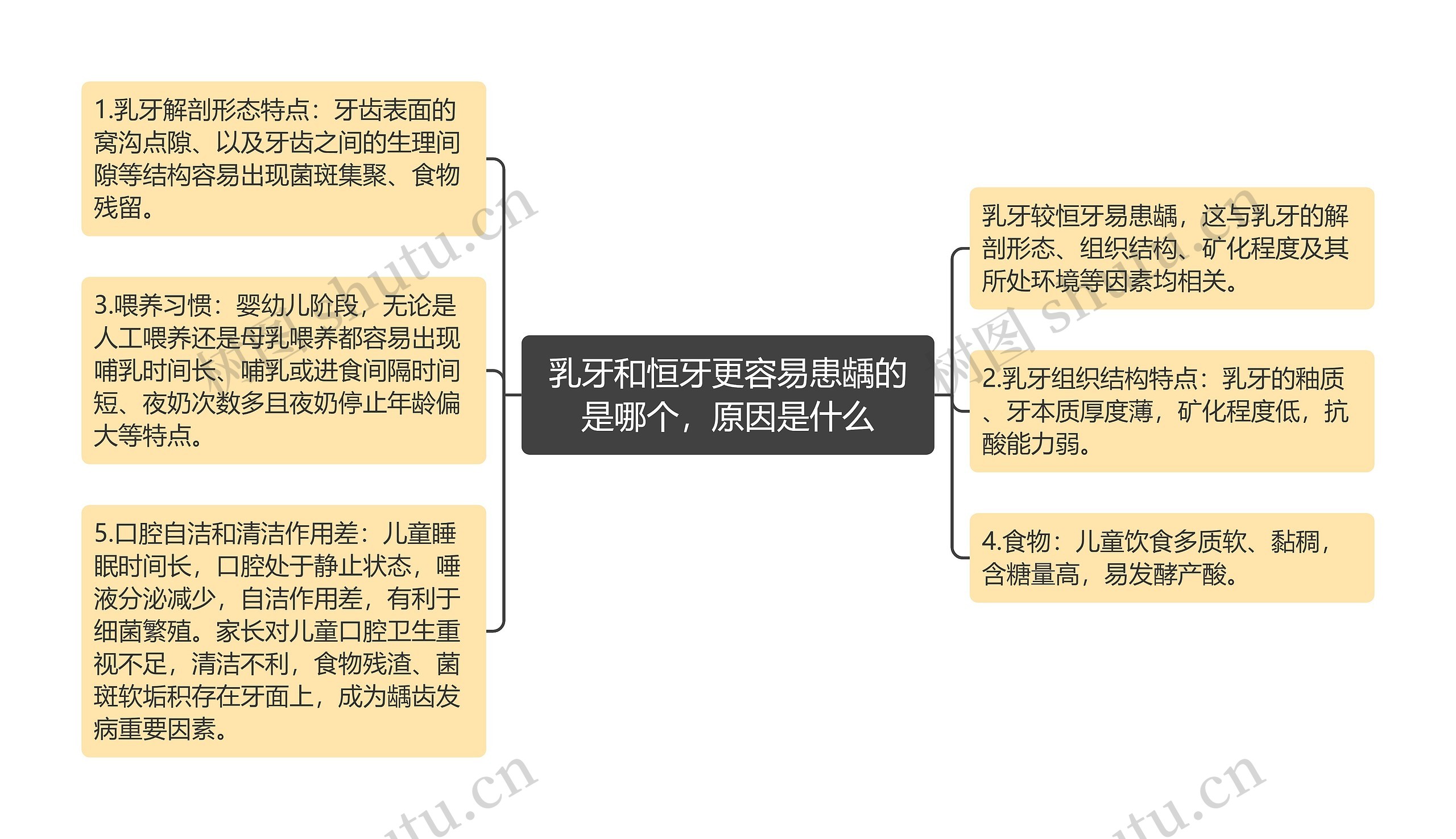 乳牙和恒牙更容易患龋的是哪个，原因是什么思维导图