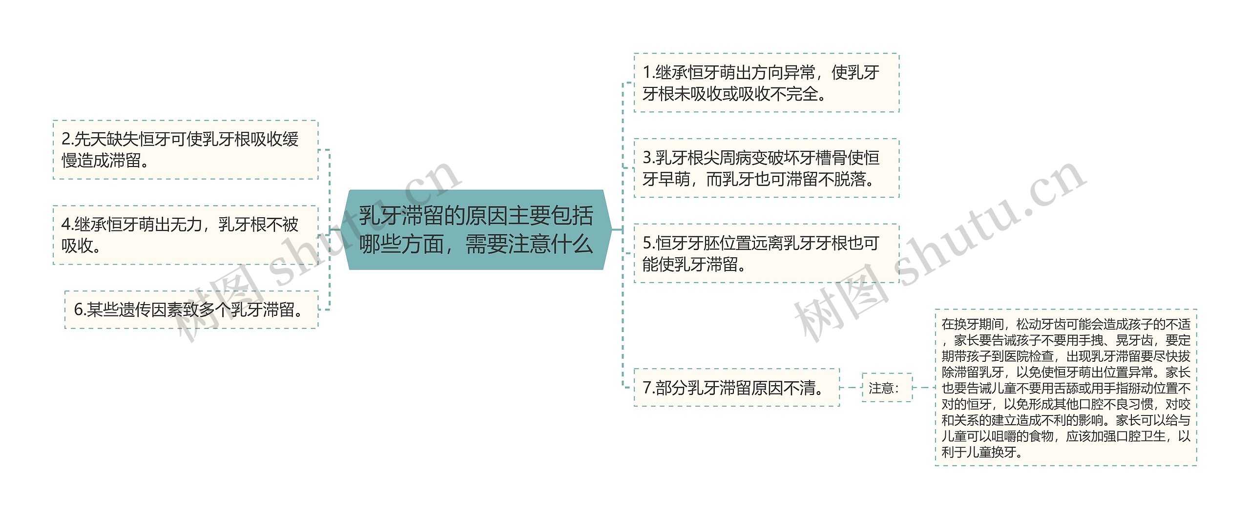 乳牙滞留的原因主要包括哪些方面，需要注意什么思维导图