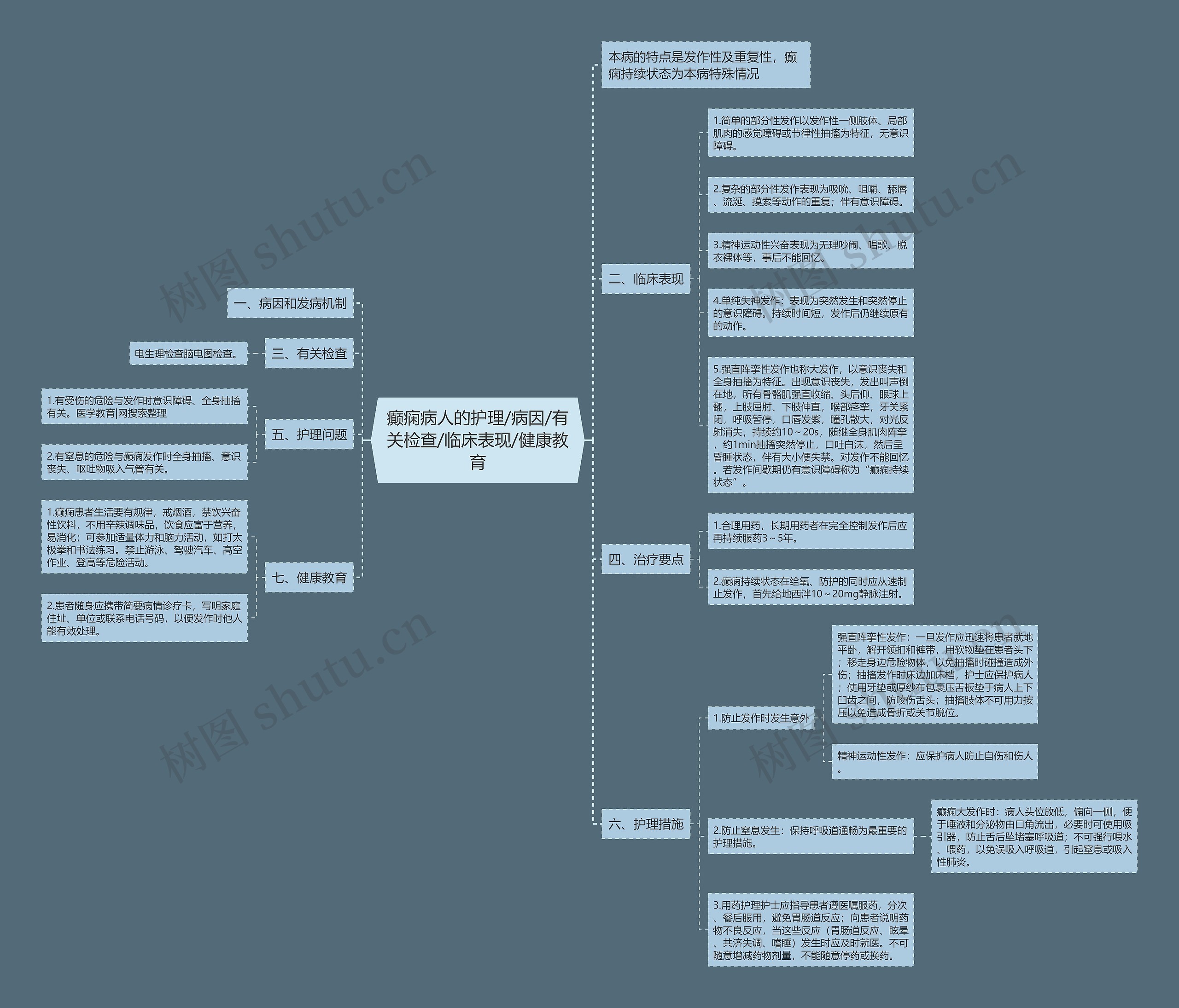 癫痫病人的护理/病因/有关检查/临床表现/健康教育思维导图