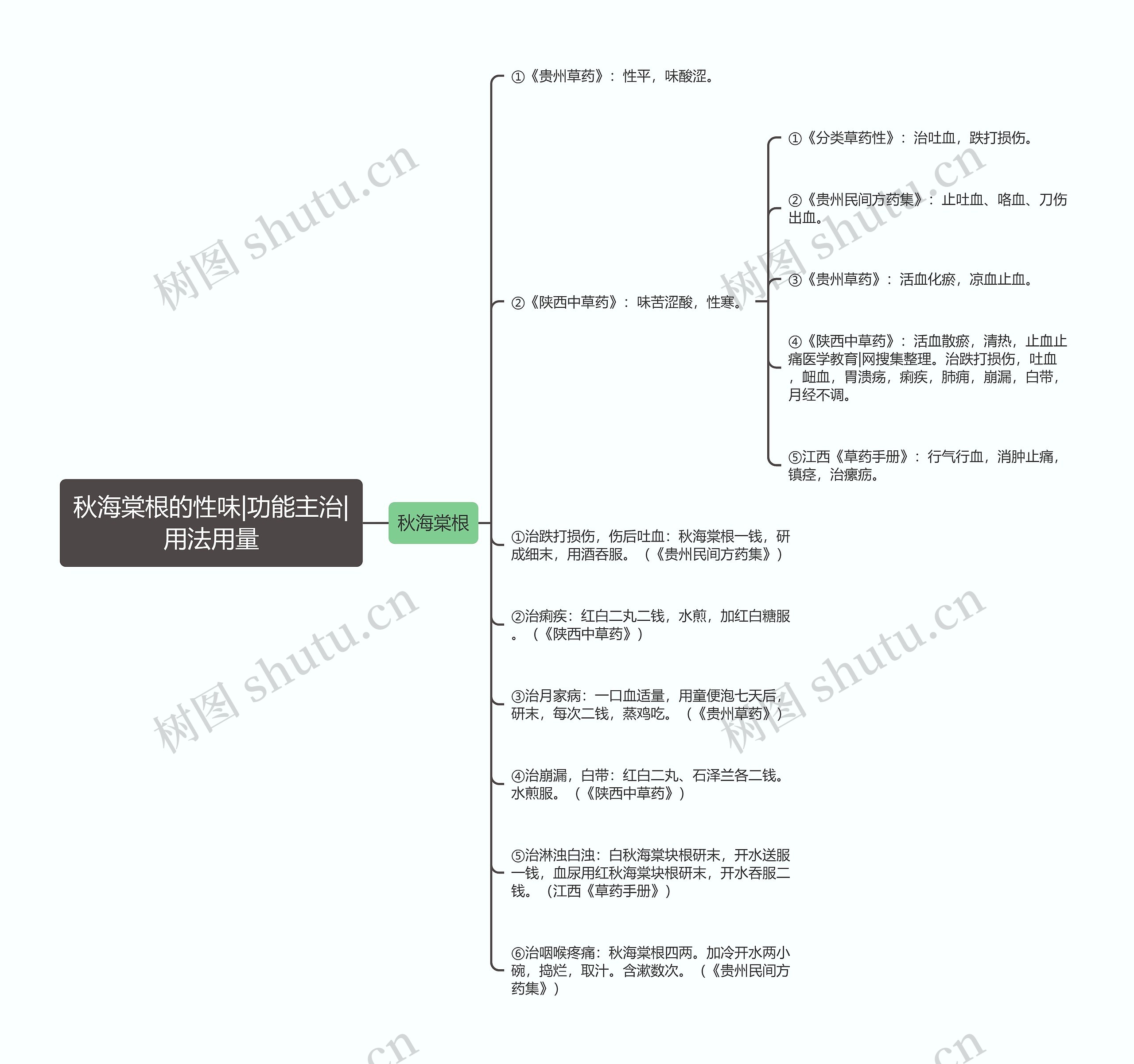 秋海棠根的性味|功能主治|用法用量思维导图