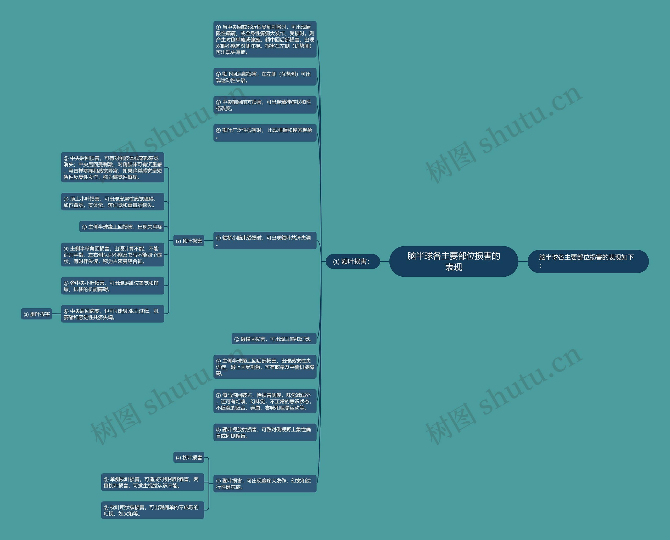 脑半球各主要部位损害的表现思维导图高清图 脑半球各主要部位损害的表现思维导图