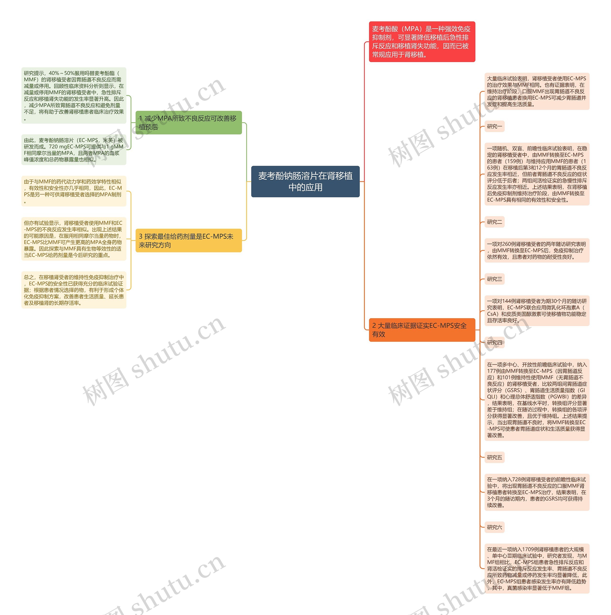 麦考酚钠肠溶片在肾移植中的应用思维导图