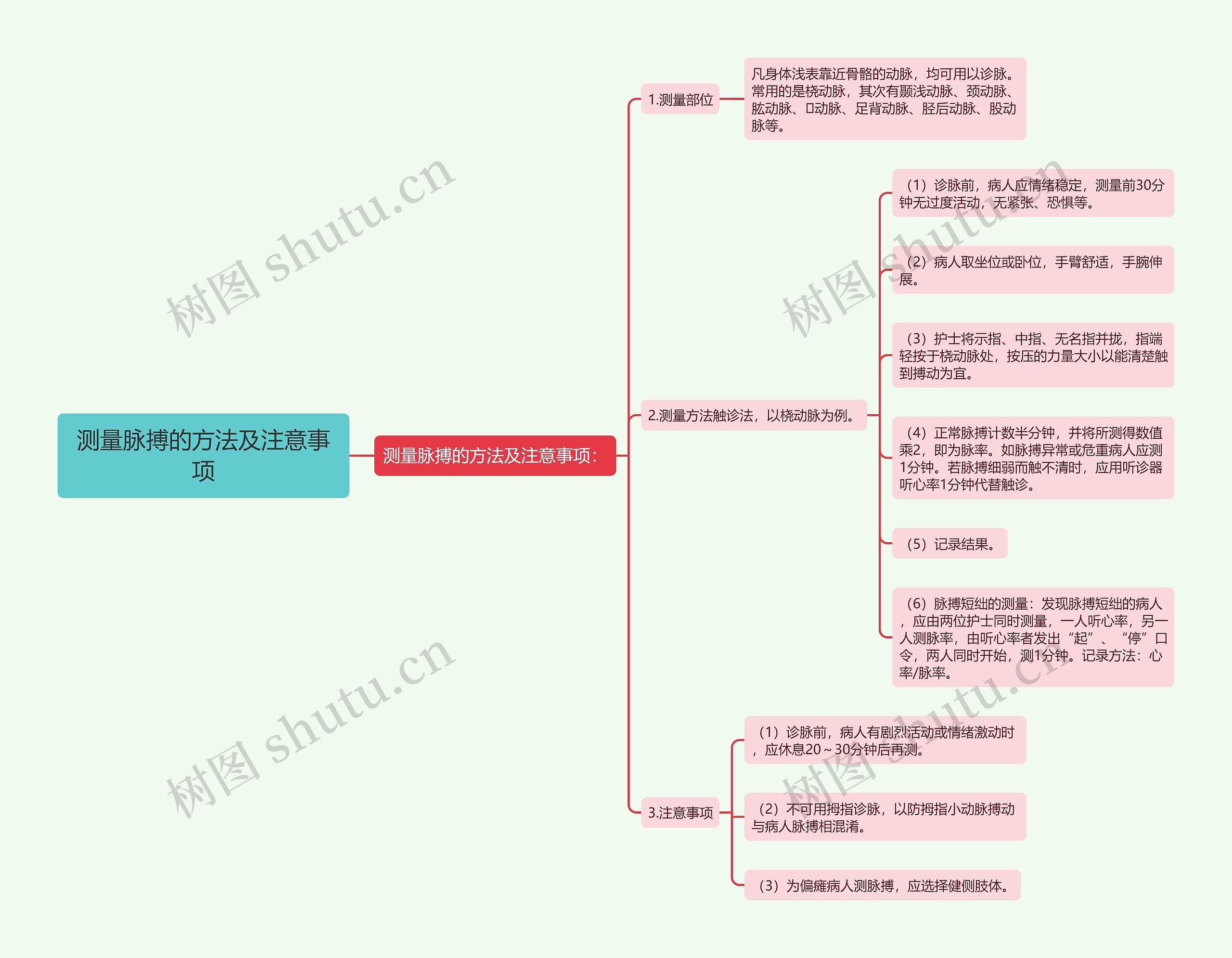 测量脉搏的方法及注意事项思维导图