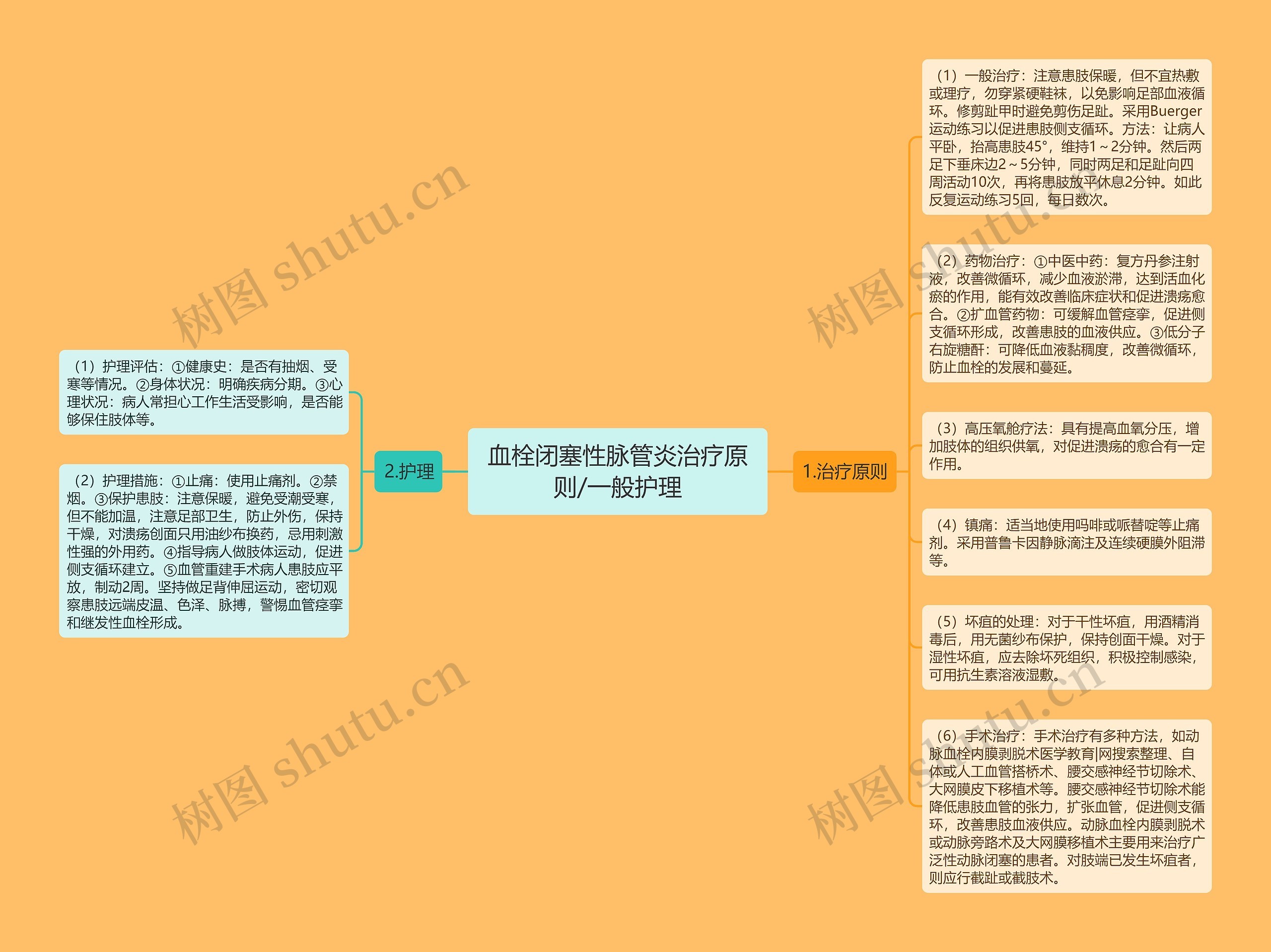 血栓闭塞性脉管炎治疗原则/一般护理思维导图