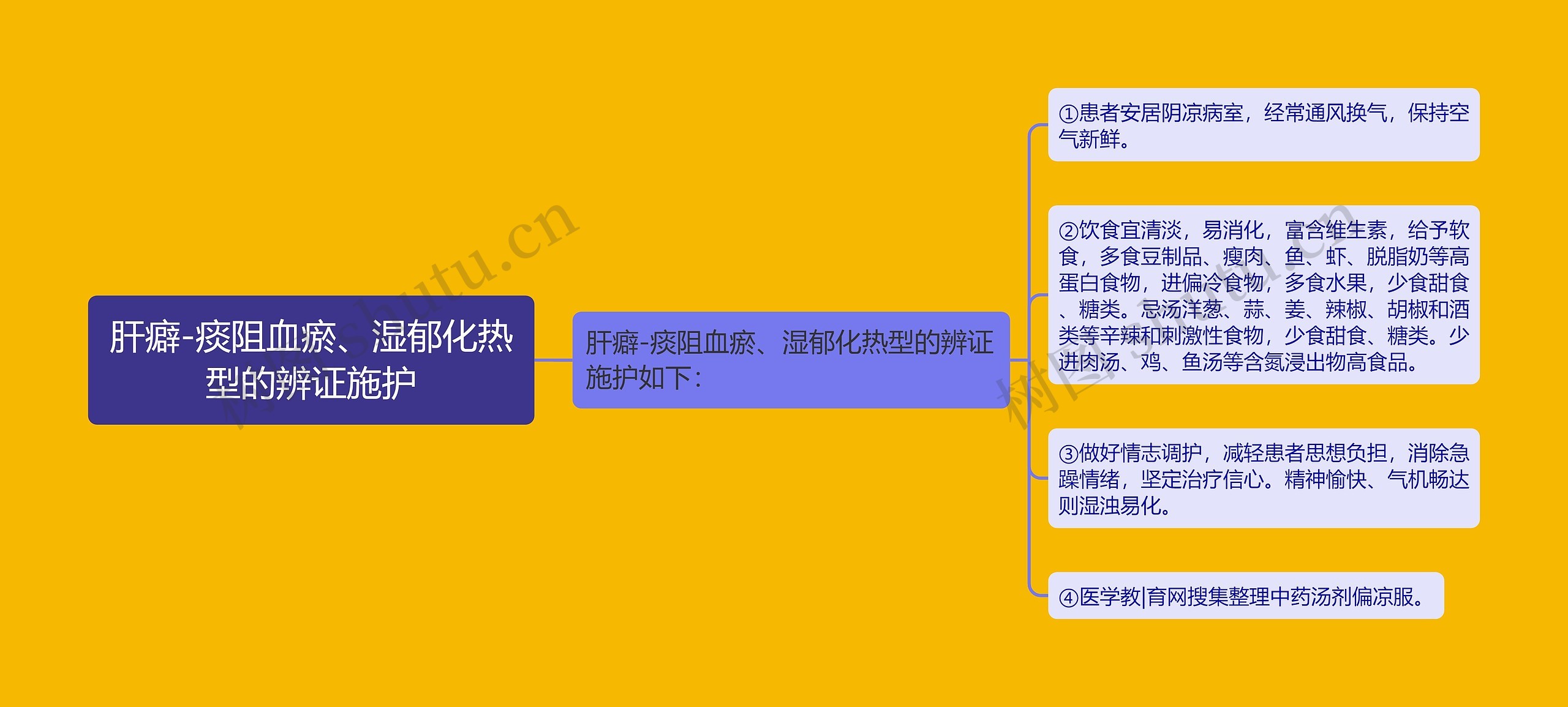 肝癖-痰阻血瘀、湿郁化热型的辨证施护思维导图