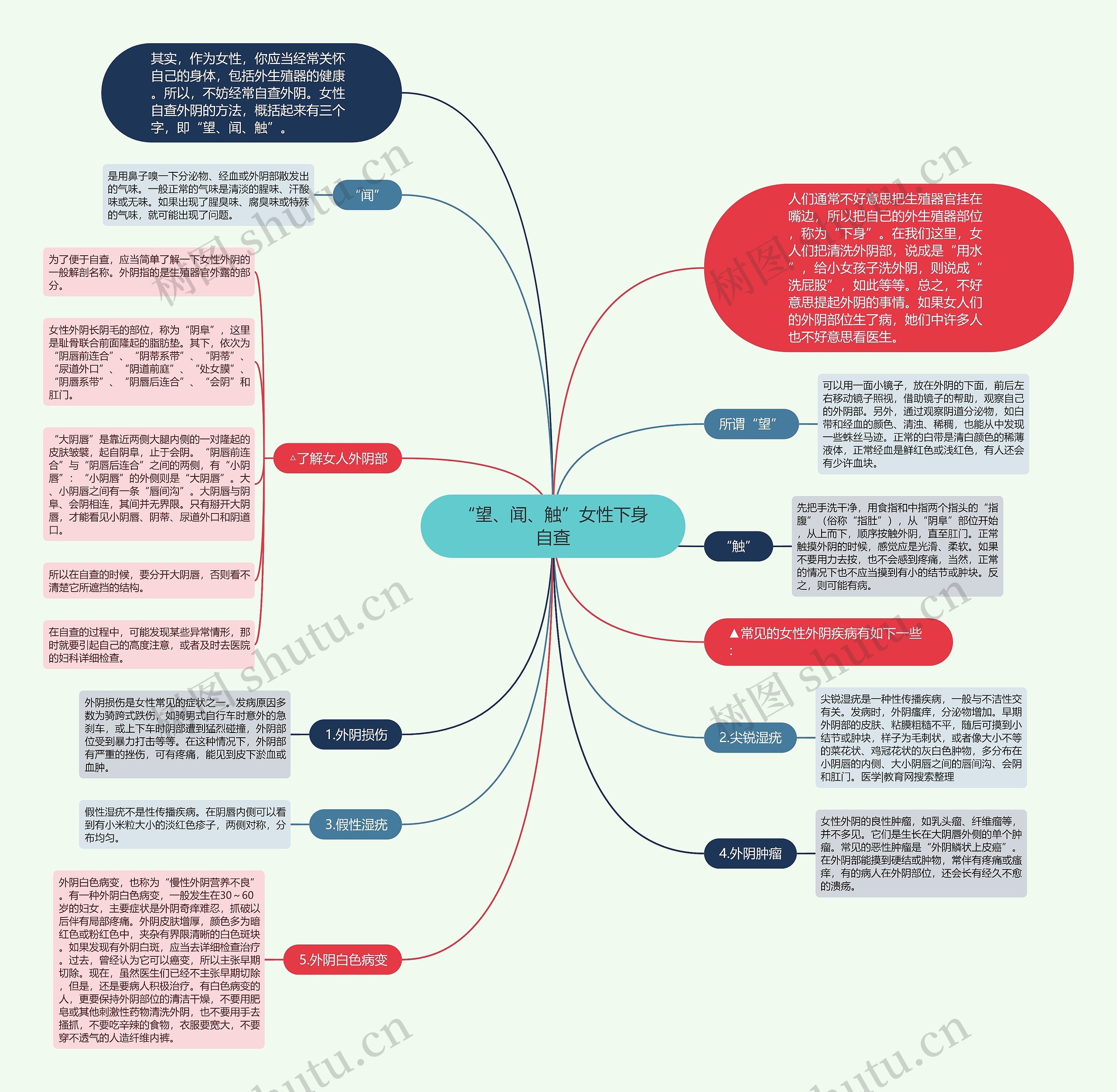 “望、闻、触”女性下身自查思维导图