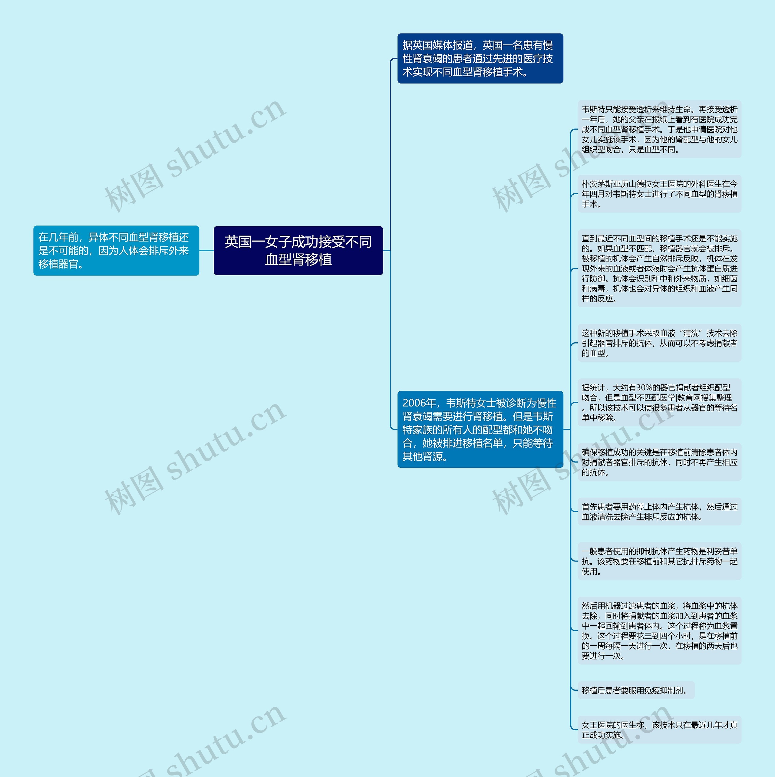 英国一女子成功接受不同血型肾移植思维导图