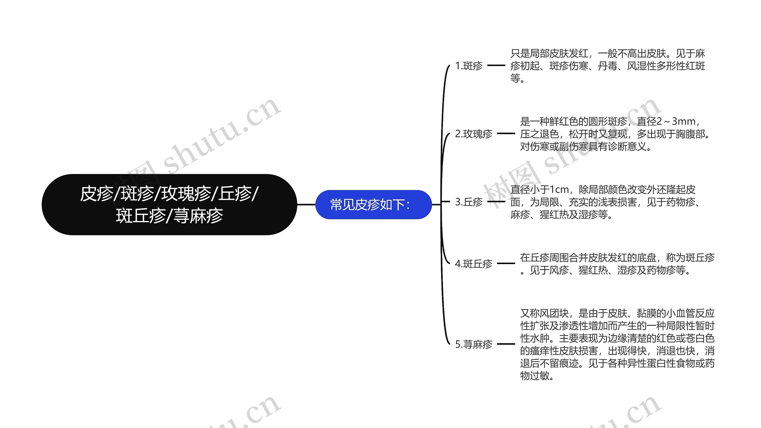 皮疹/斑疹/玫瑰疹/丘疹/斑丘疹/荨麻疹思维导图