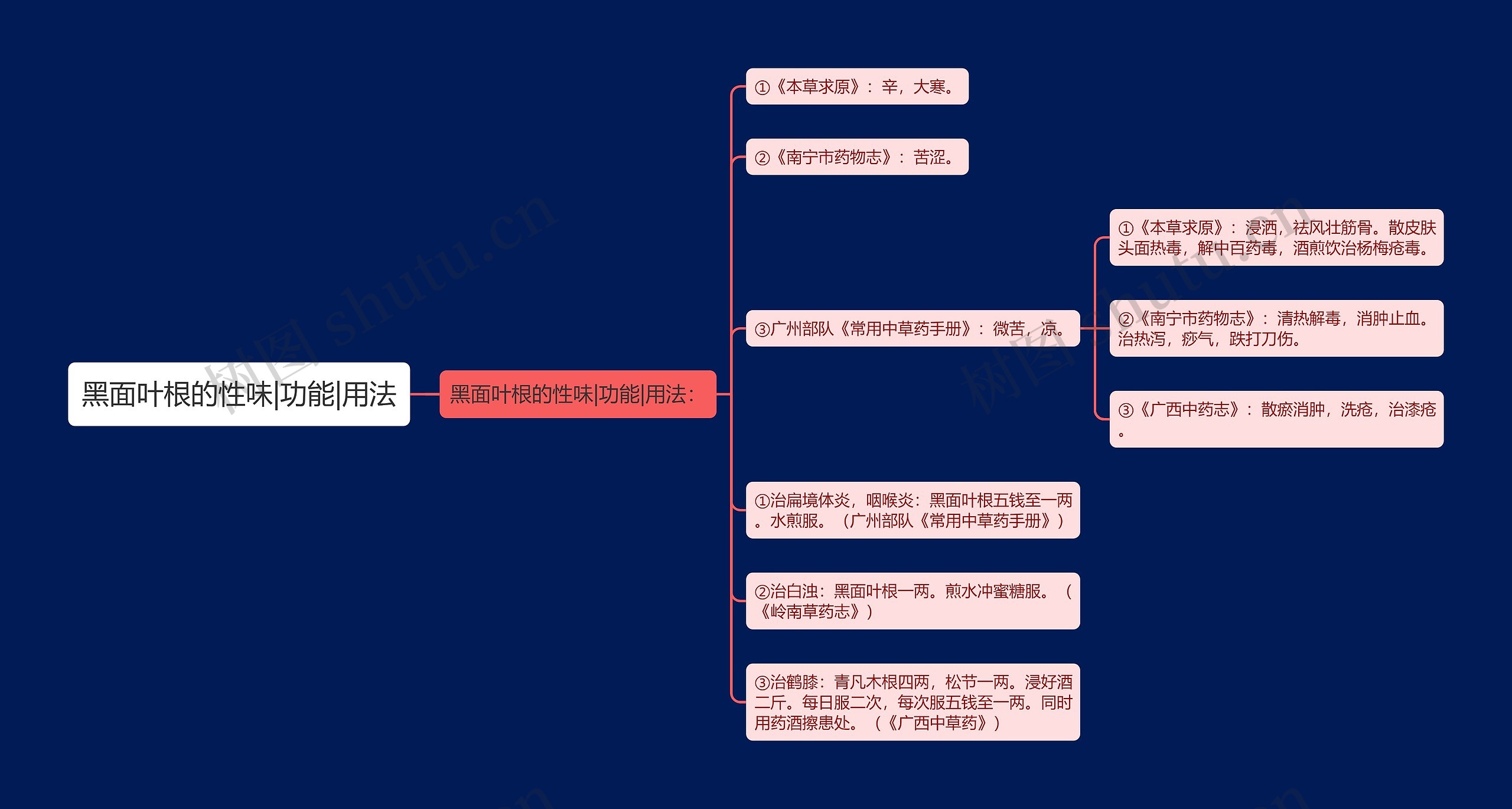 黑面叶根的性味|功能|用法思维导图