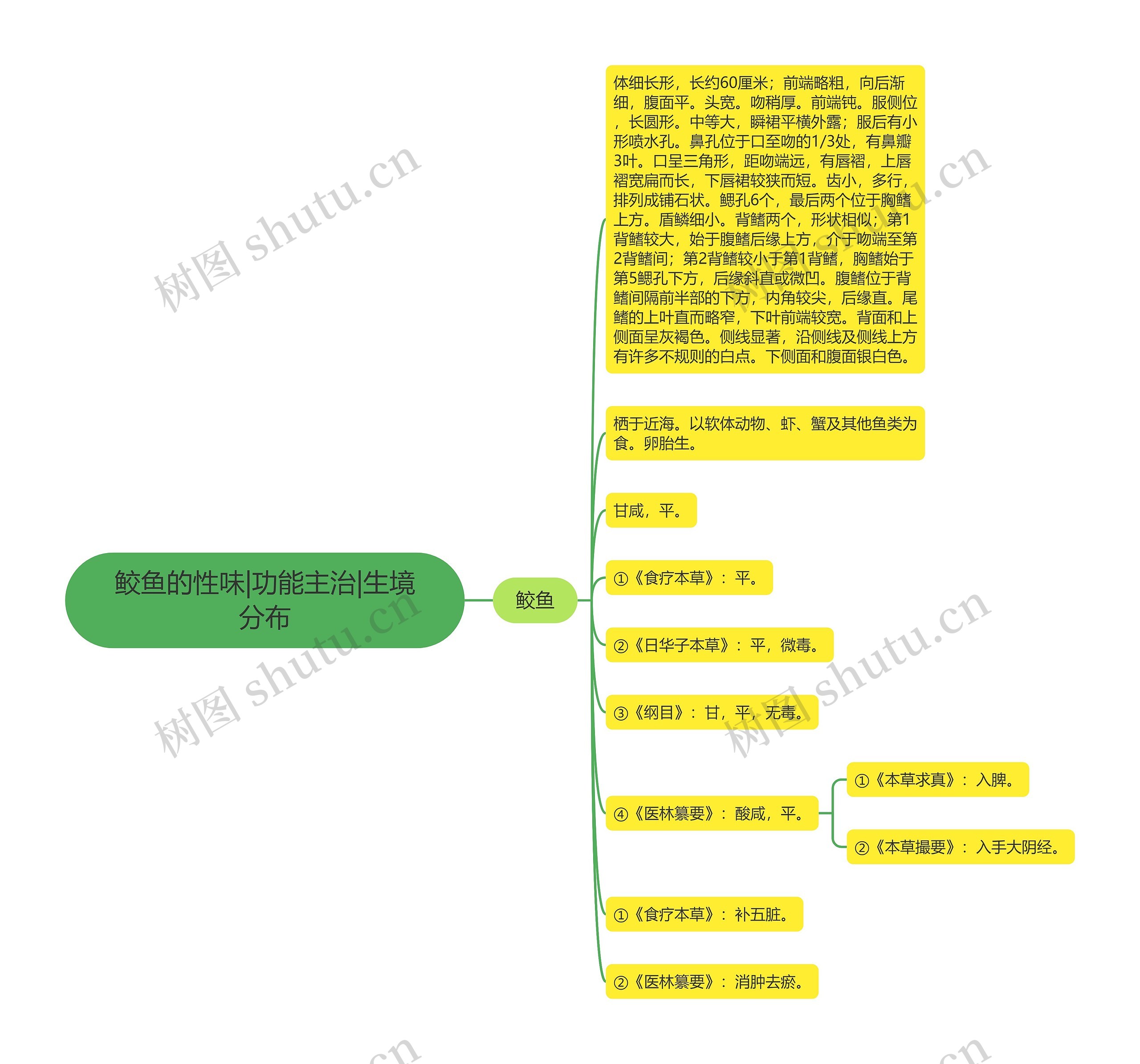 鲛鱼的性味|功能主治|生境分布思维导图