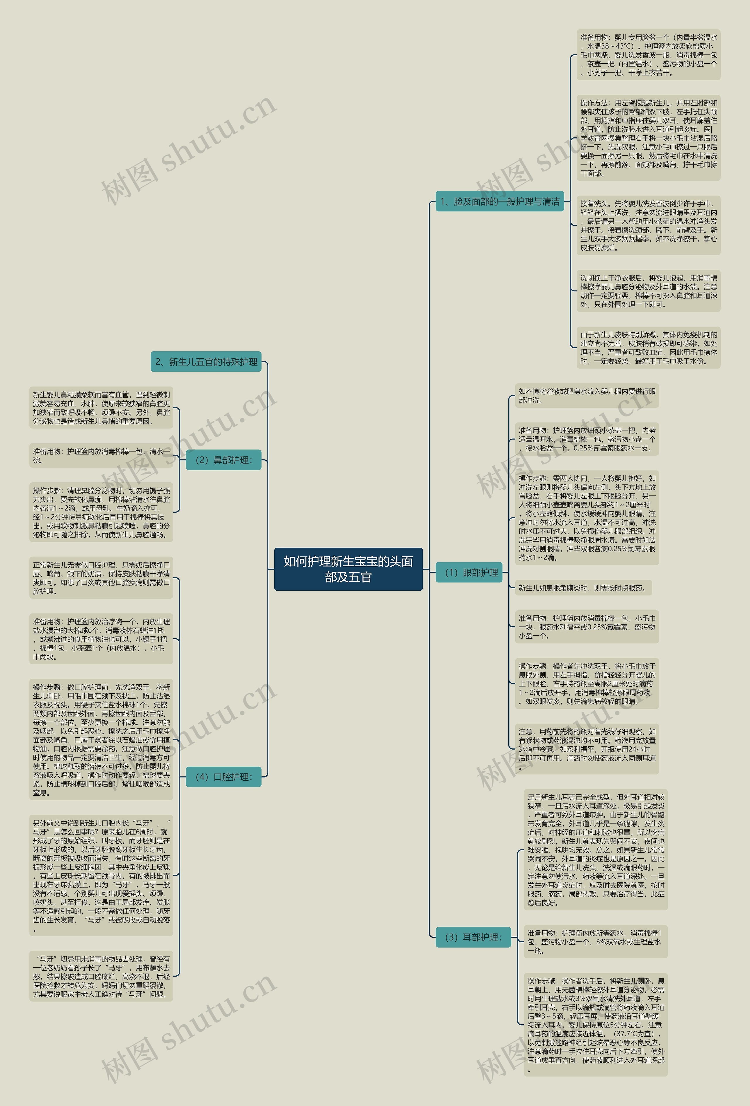 如何护理新生宝宝的头面部及五官思维导图