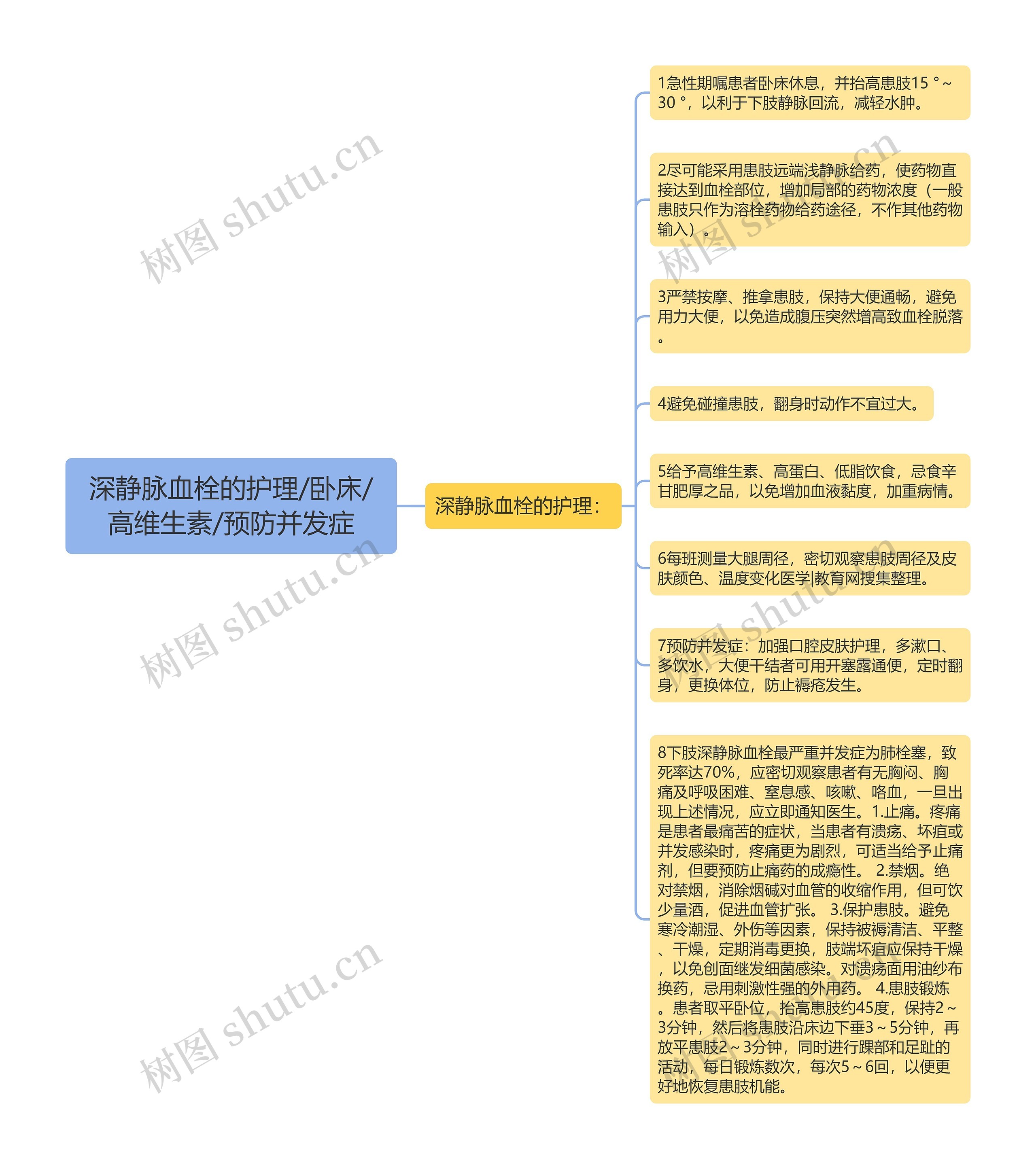 深静脉血栓的护理/卧床/高维生素/预防并发症思维导图