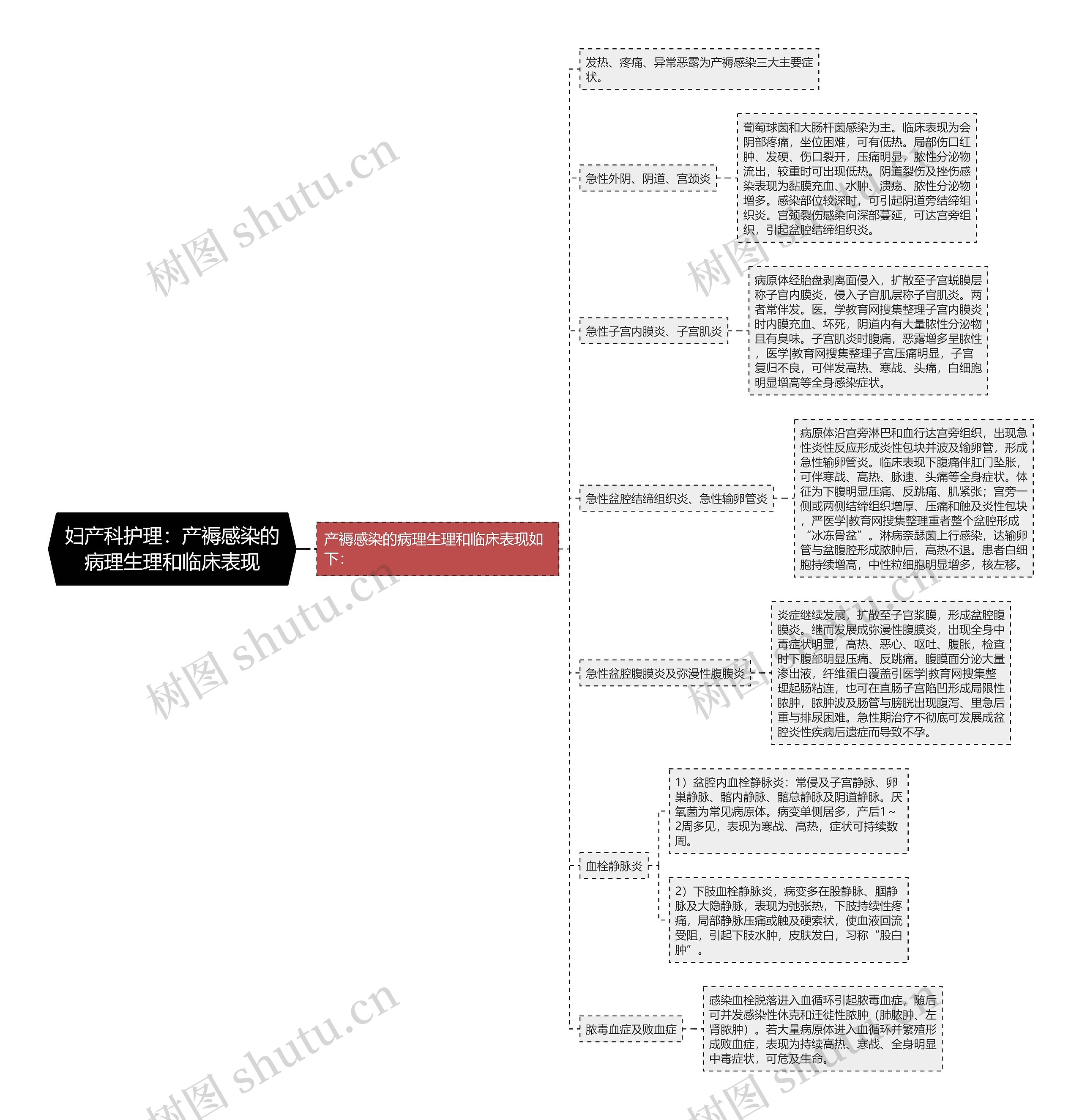 妇产科护理：产褥感染的病理生理和临床表现思维导图