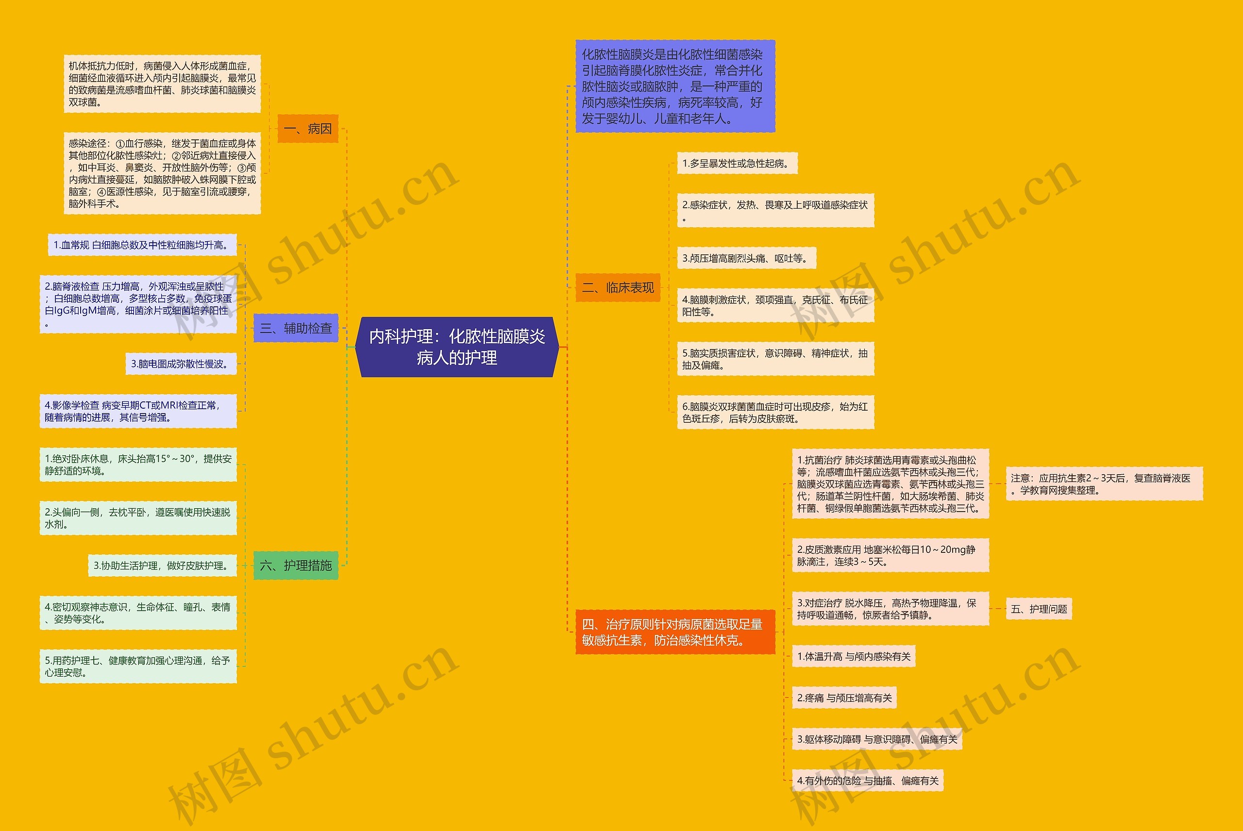 内科护理：化脓性脑膜炎病人的护理思维导图