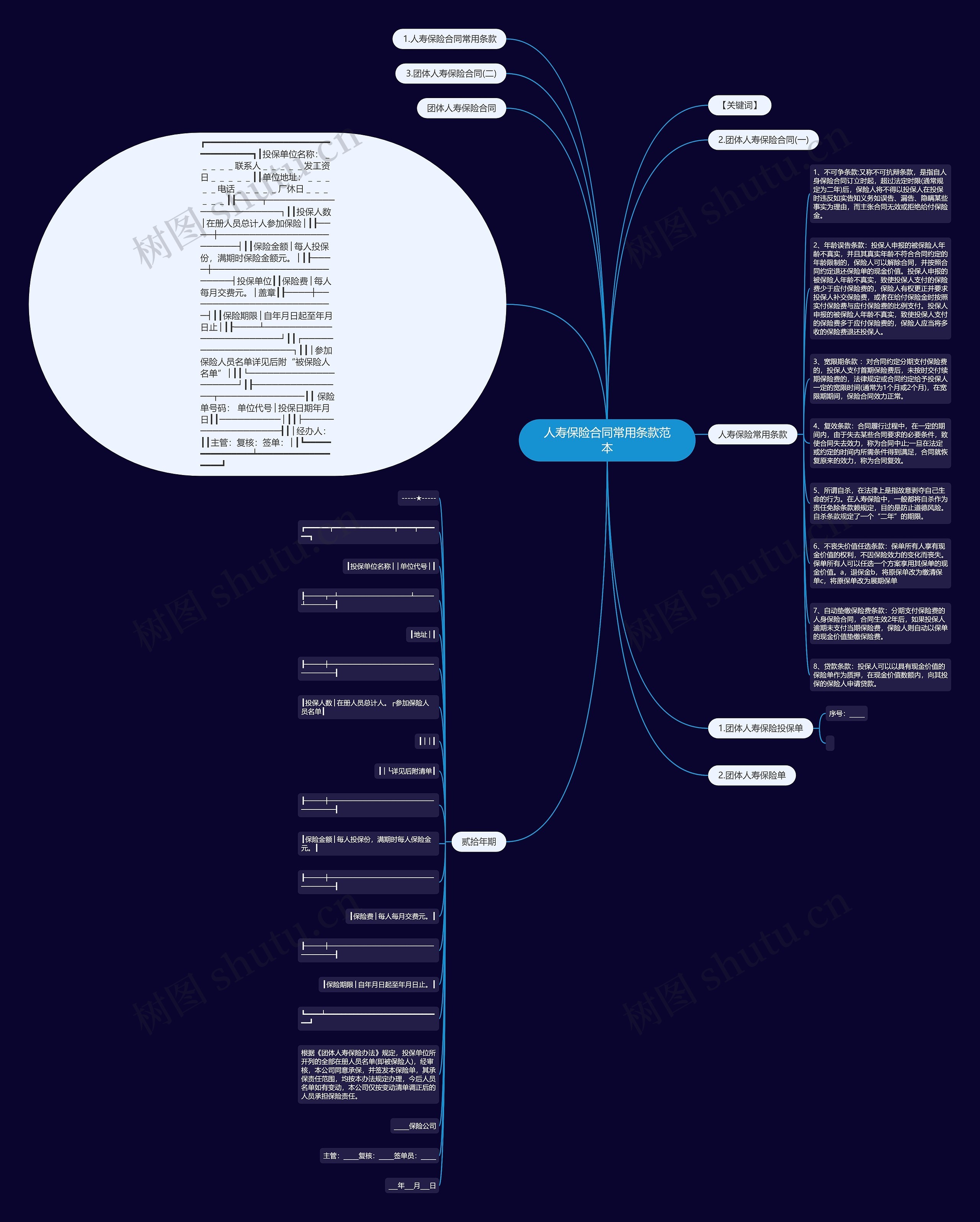 人寿保险合同常用条款范本思维导图