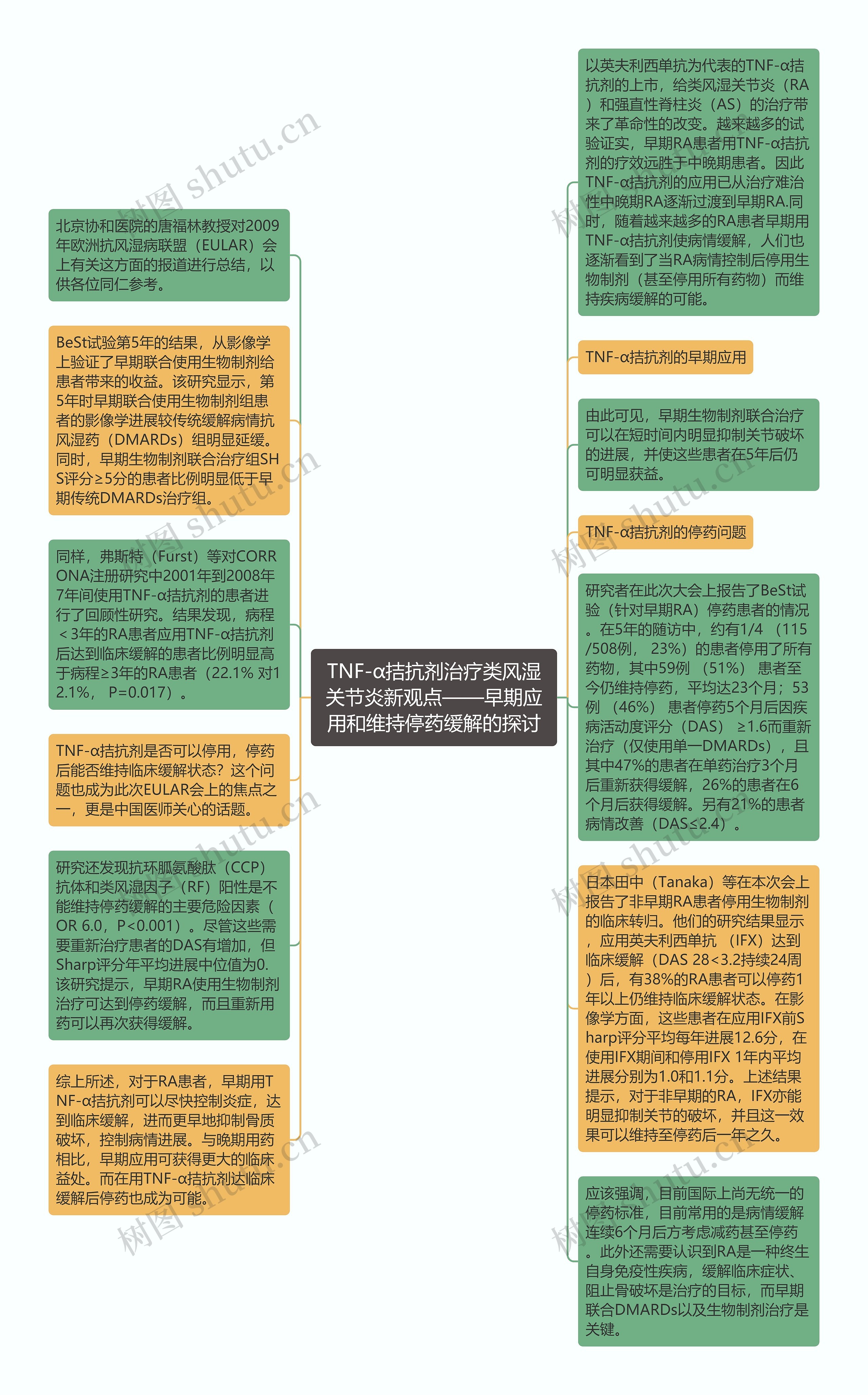 TNF-α拮抗剂治疗类风湿关节炎新观点——早期应用和维持停药缓解的探讨思维导图