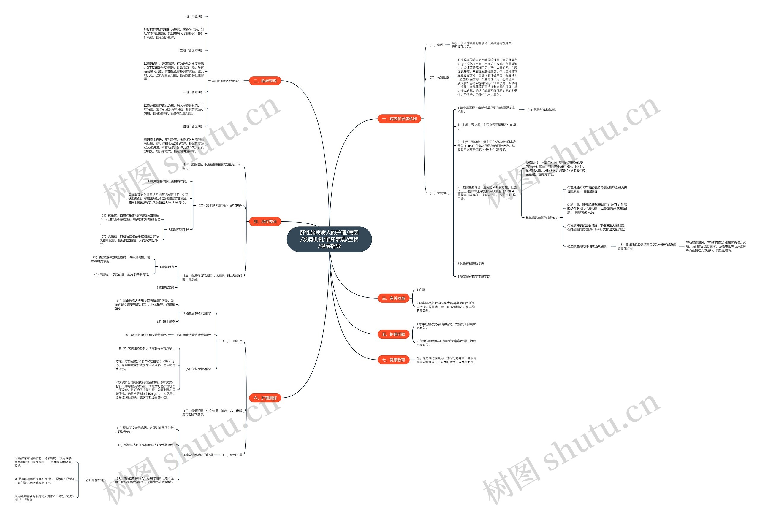 肝性脑病病人的护理/病因/发病机制/临床表现/症状/健康指导思维导图