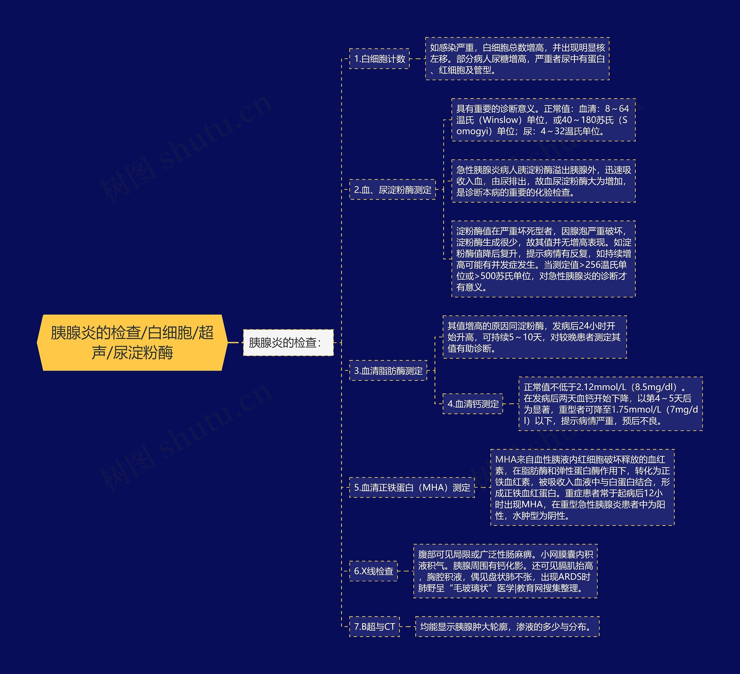 胰腺炎的检查/白细胞/超声/尿淀粉酶思维导图