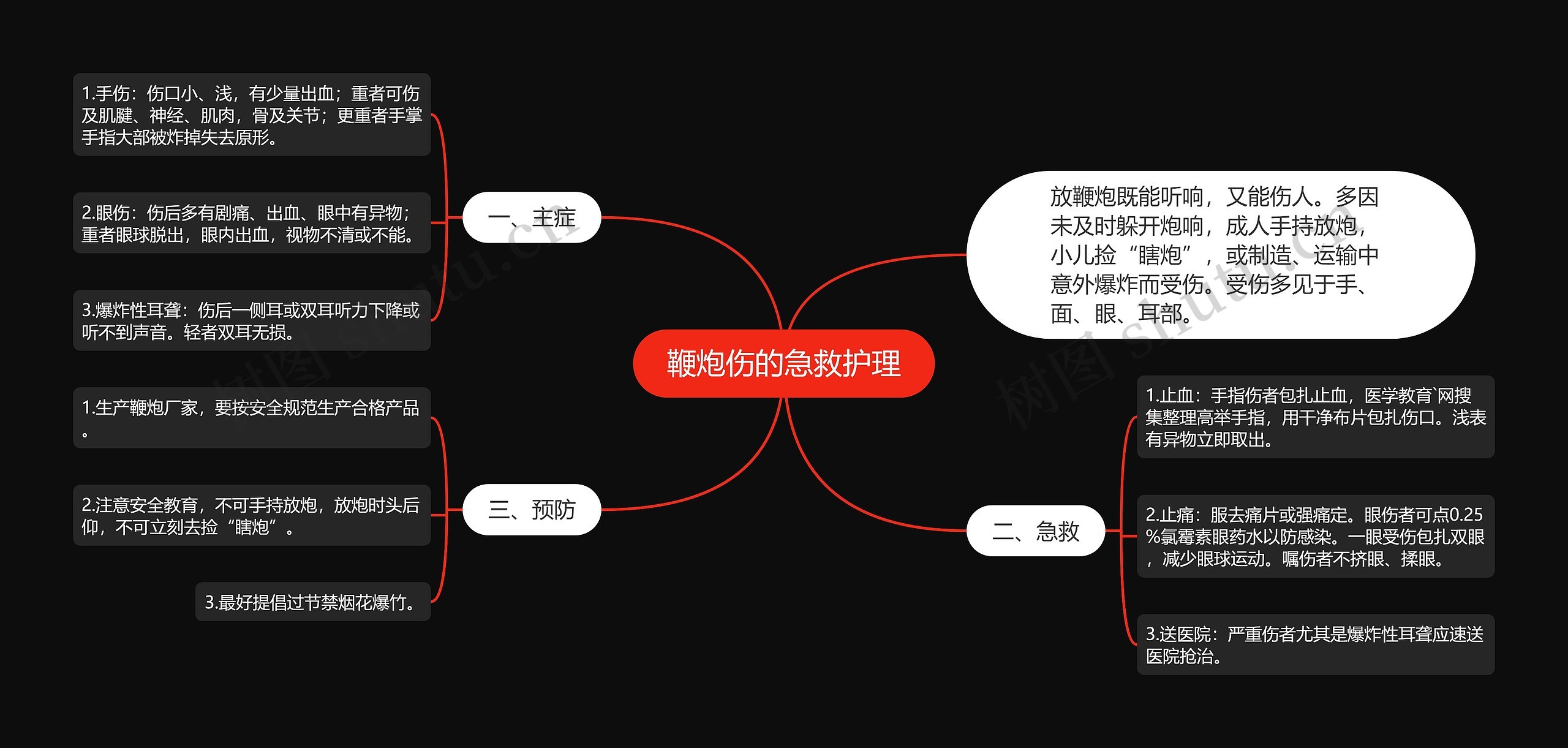 鞭炮伤的急救护理思维导图