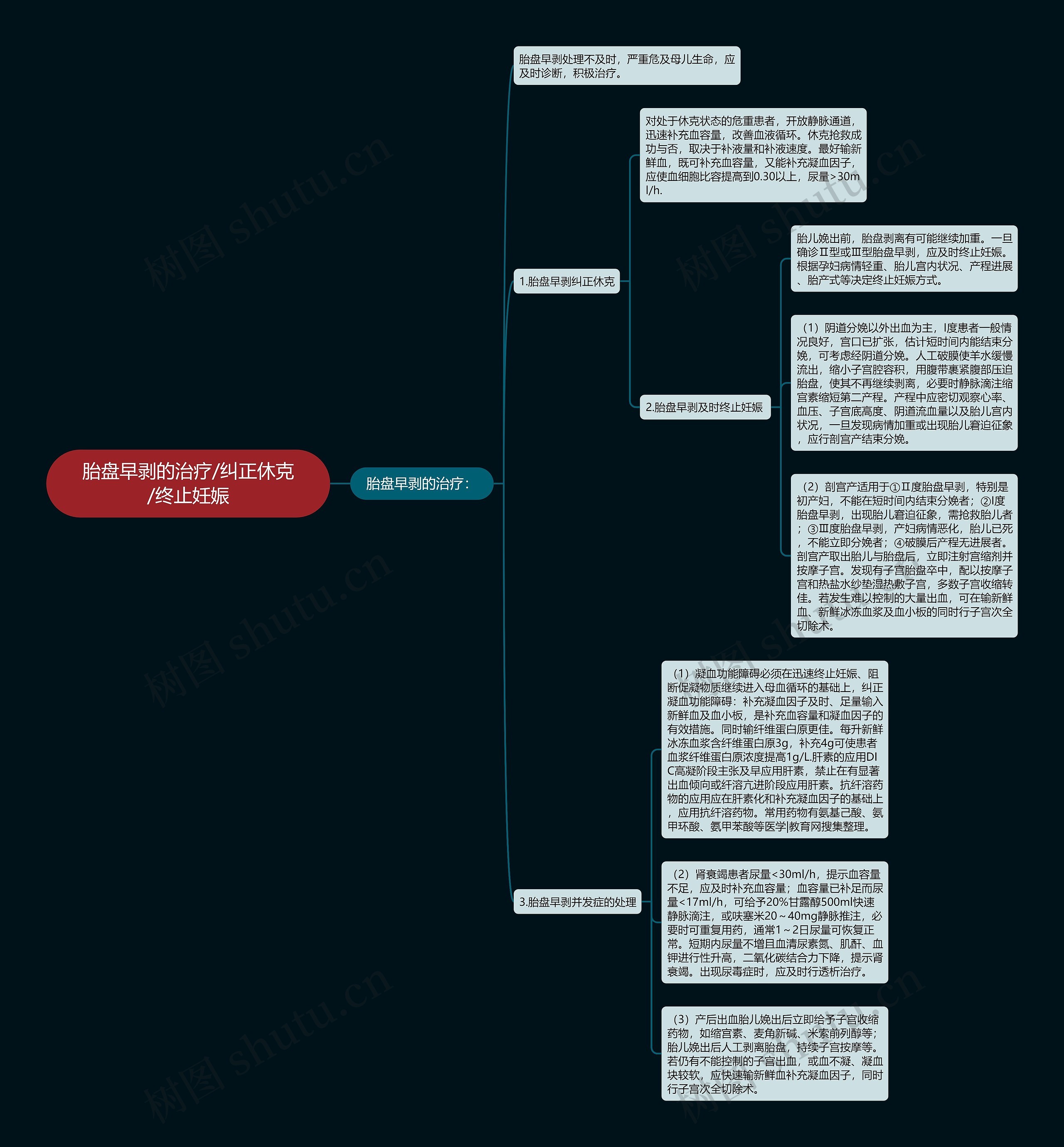 胎盘早剥的治疗/纠正休克/终止妊娠思维导图