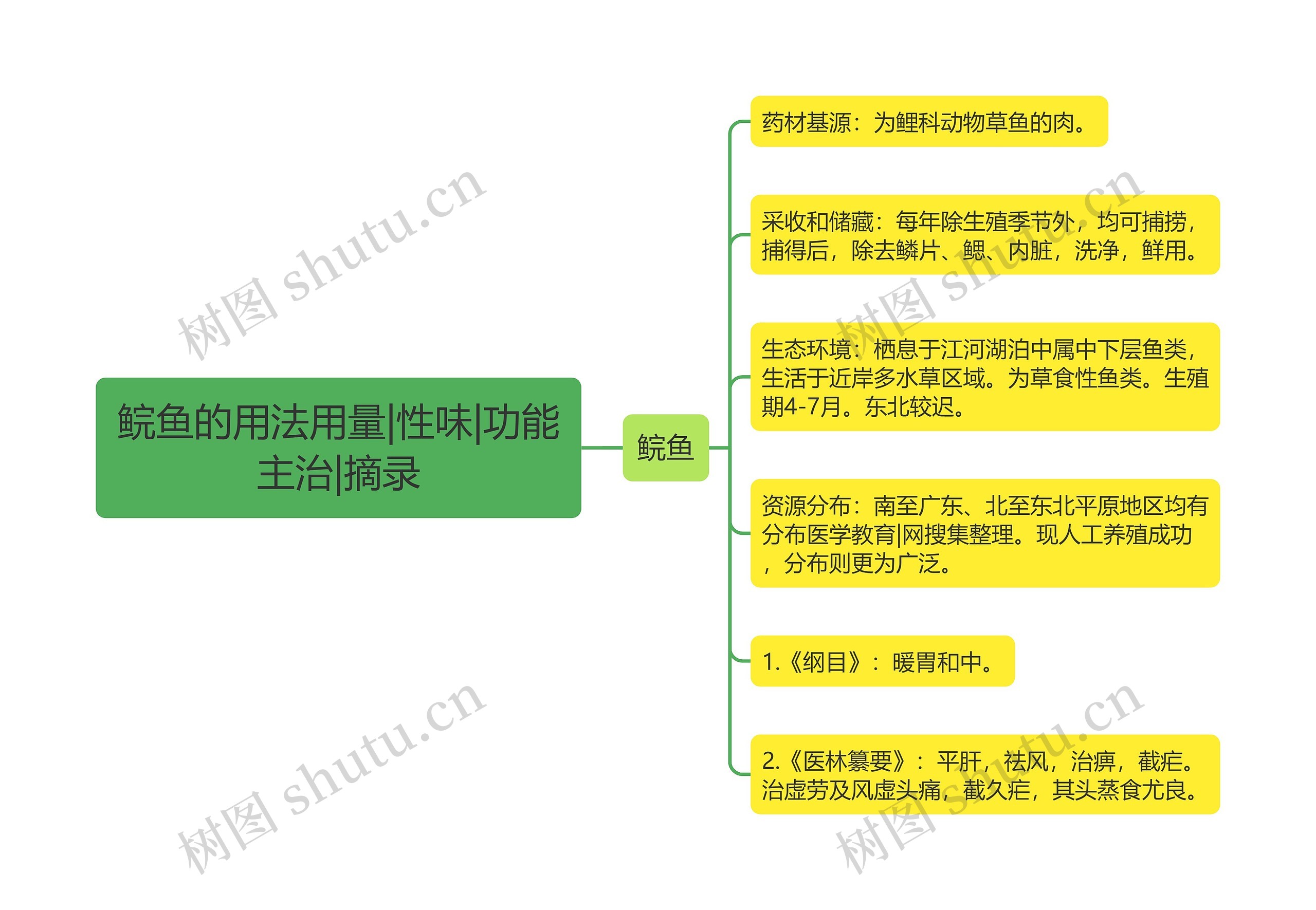 鲩鱼的用法用量|性味|功能主治|摘录思维导图