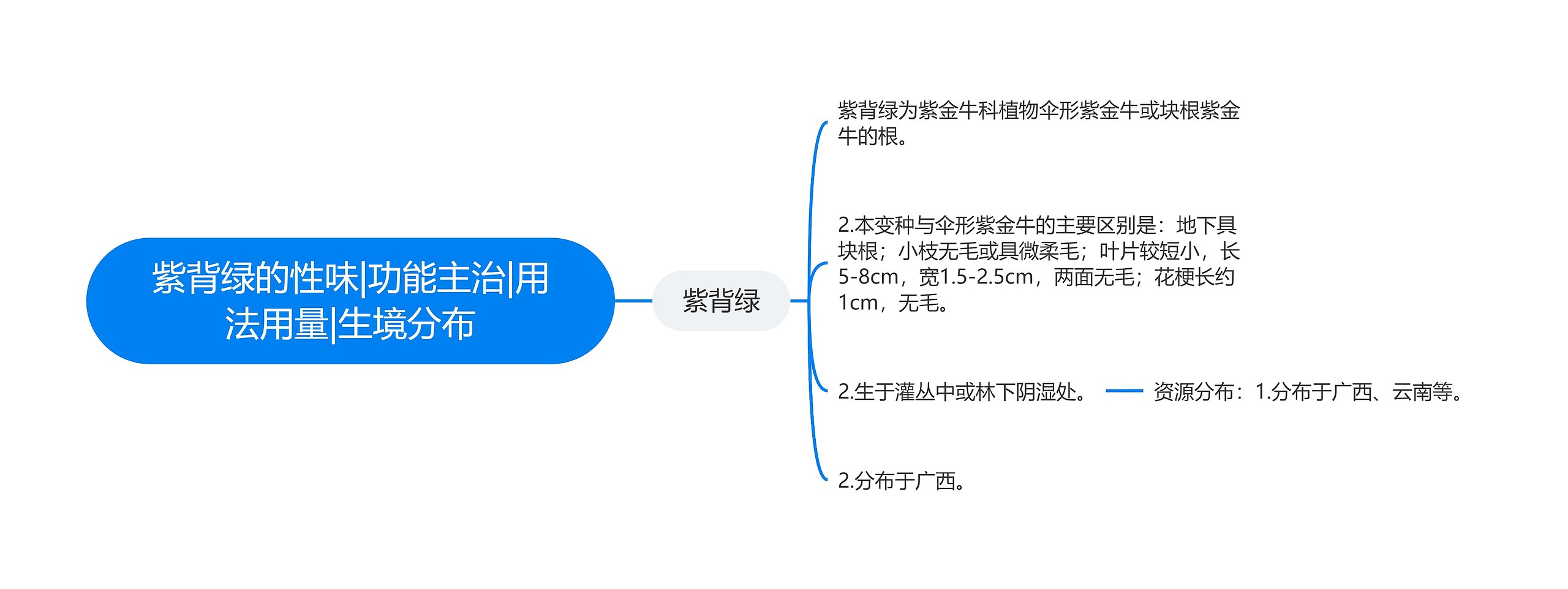 紫背绿的性味|功能主治|用法用量|生境分布思维导图