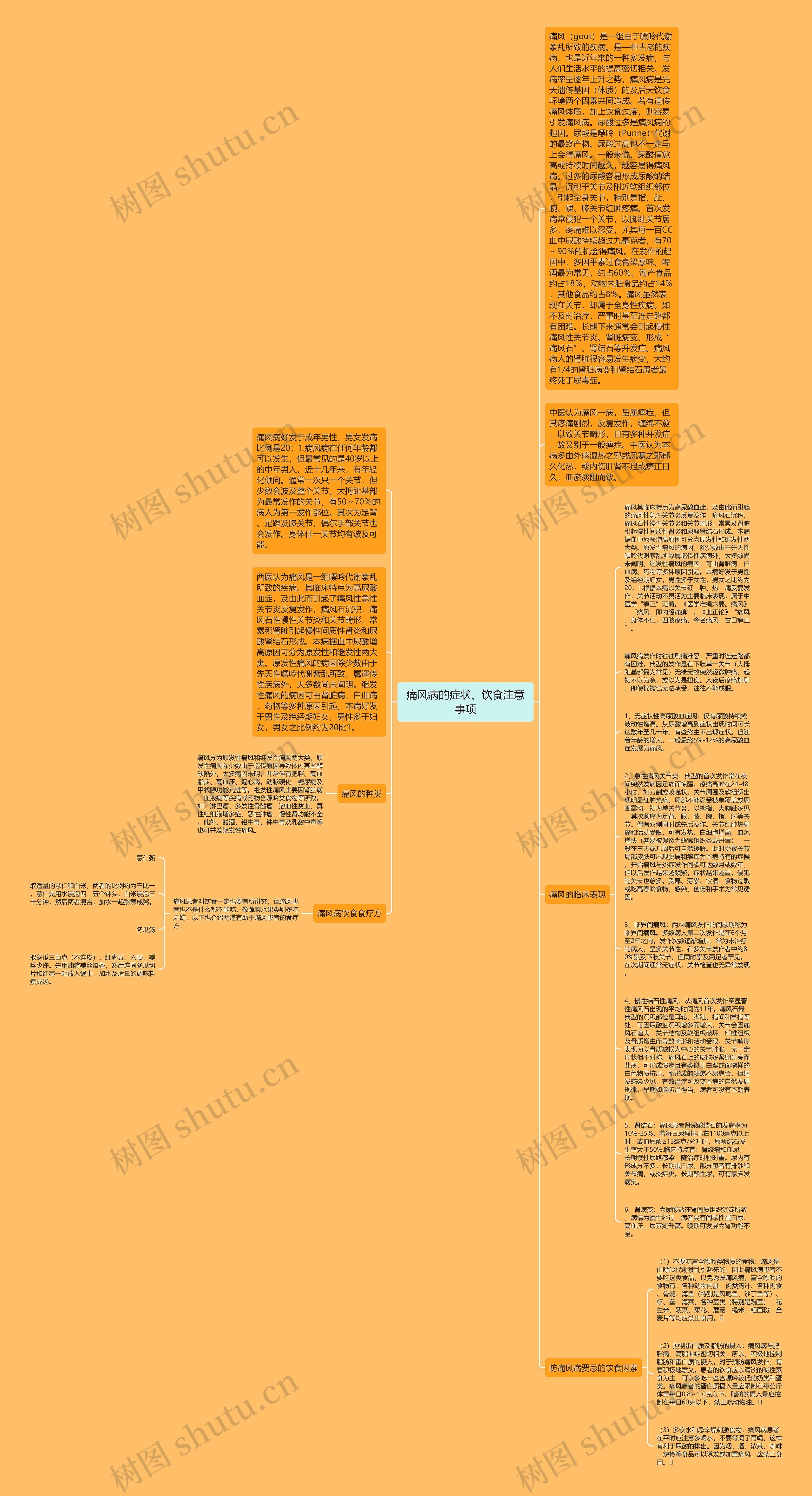 痛风病的症状、饮食注意事项思维导图