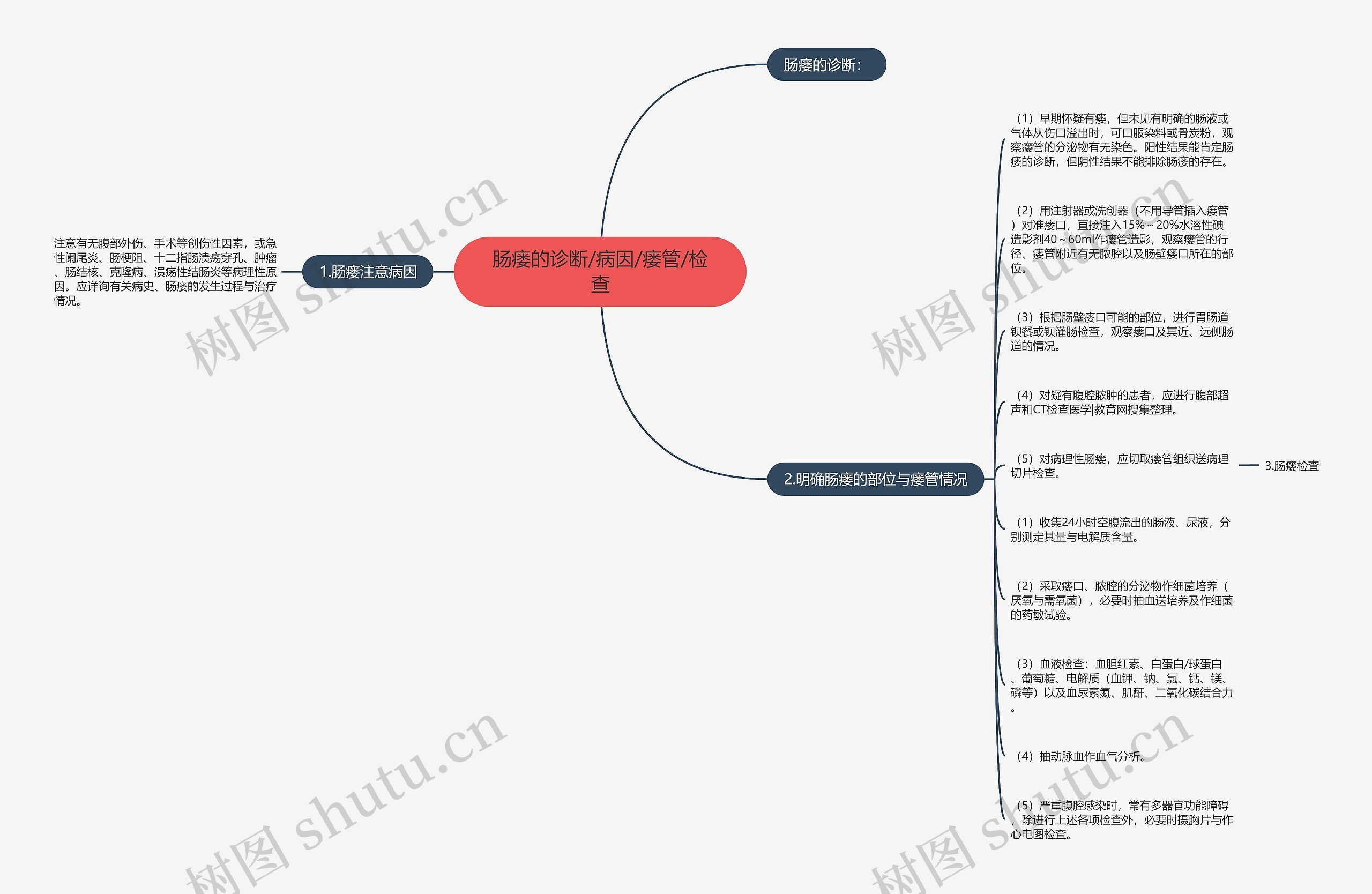 肠瘘的诊断/病因/瘘管/检查思维导图