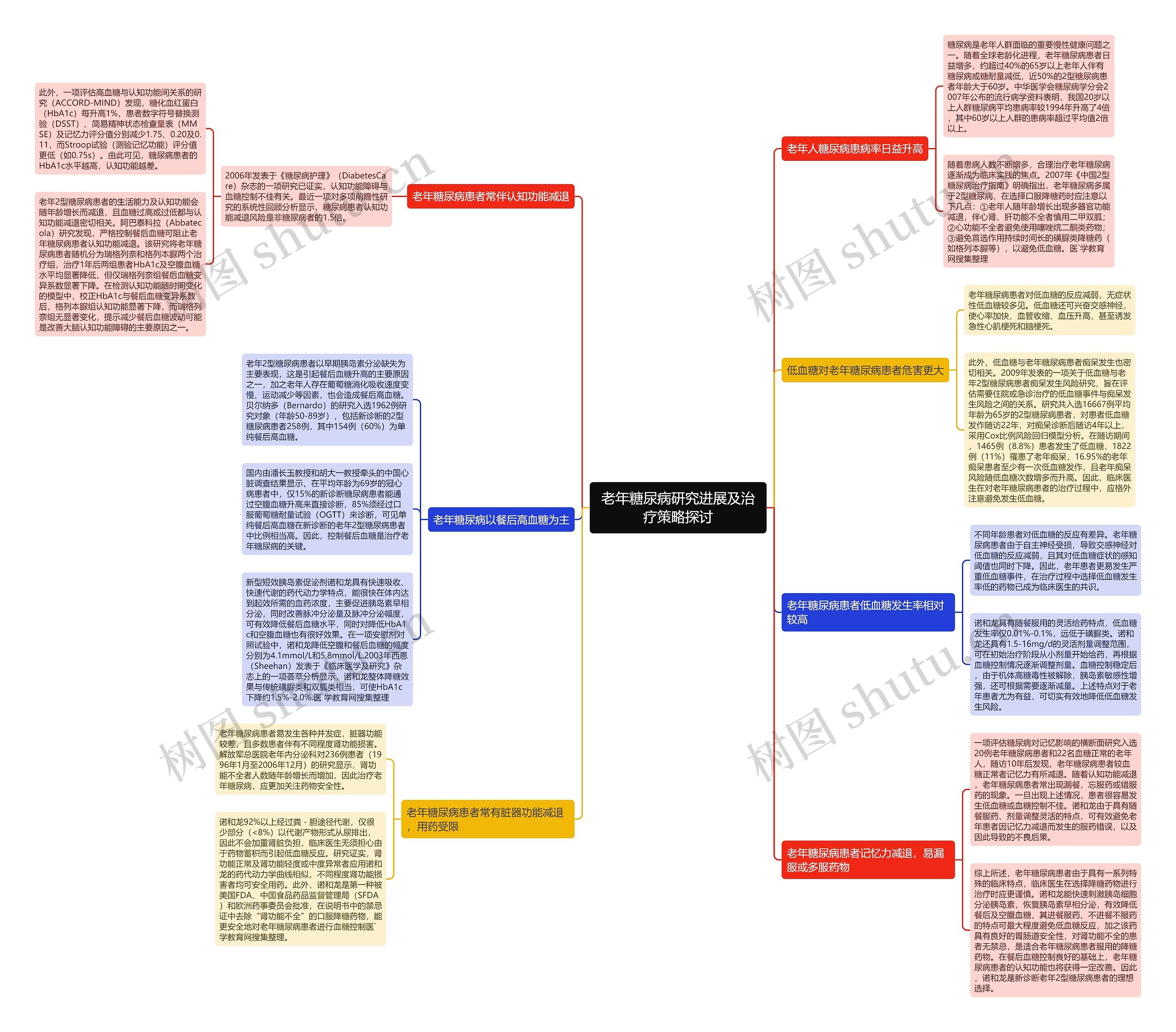老年糖尿病研究进展及治疗策略探讨思维导图