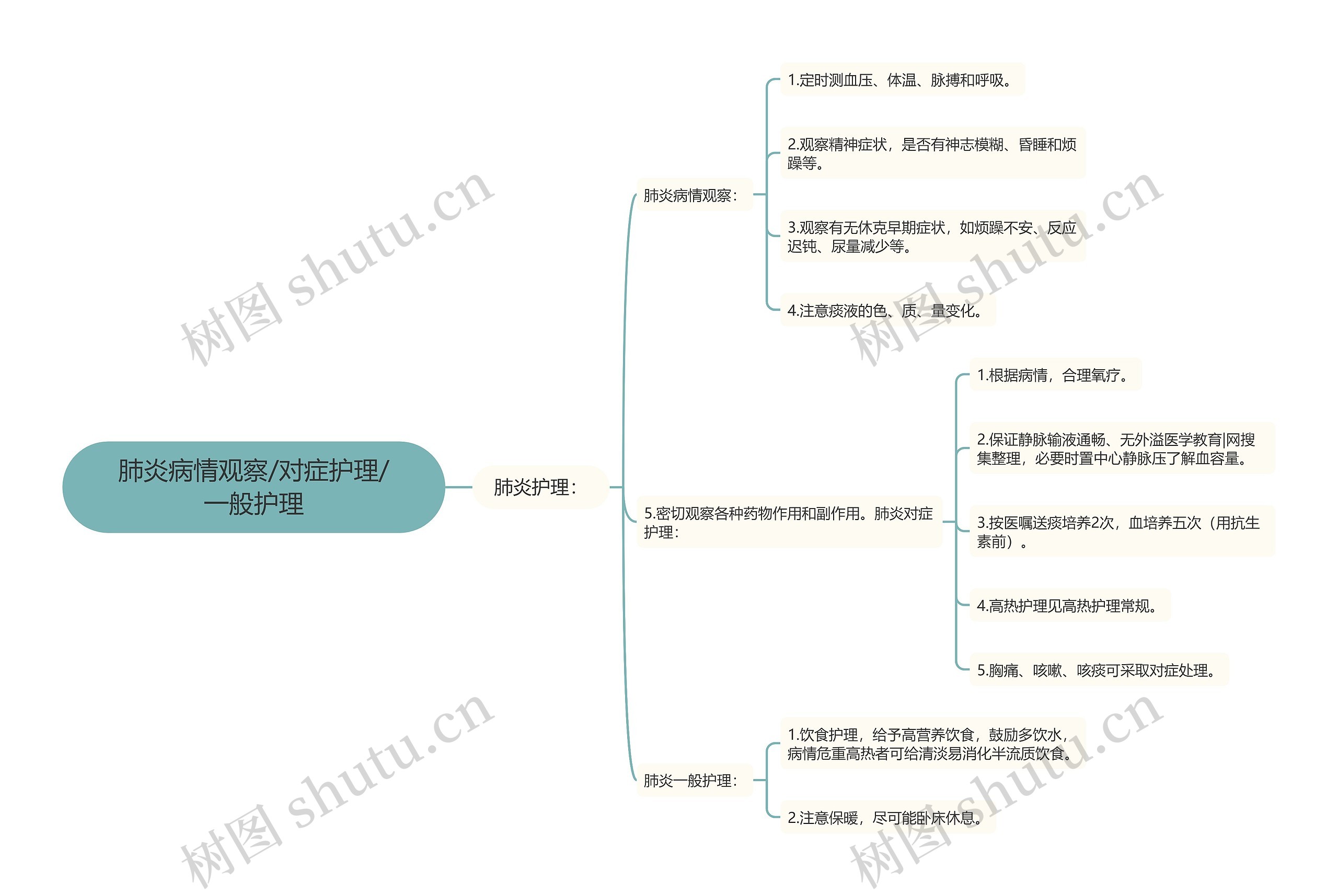 肺炎病情观察/对症护理/一般护理思维导图