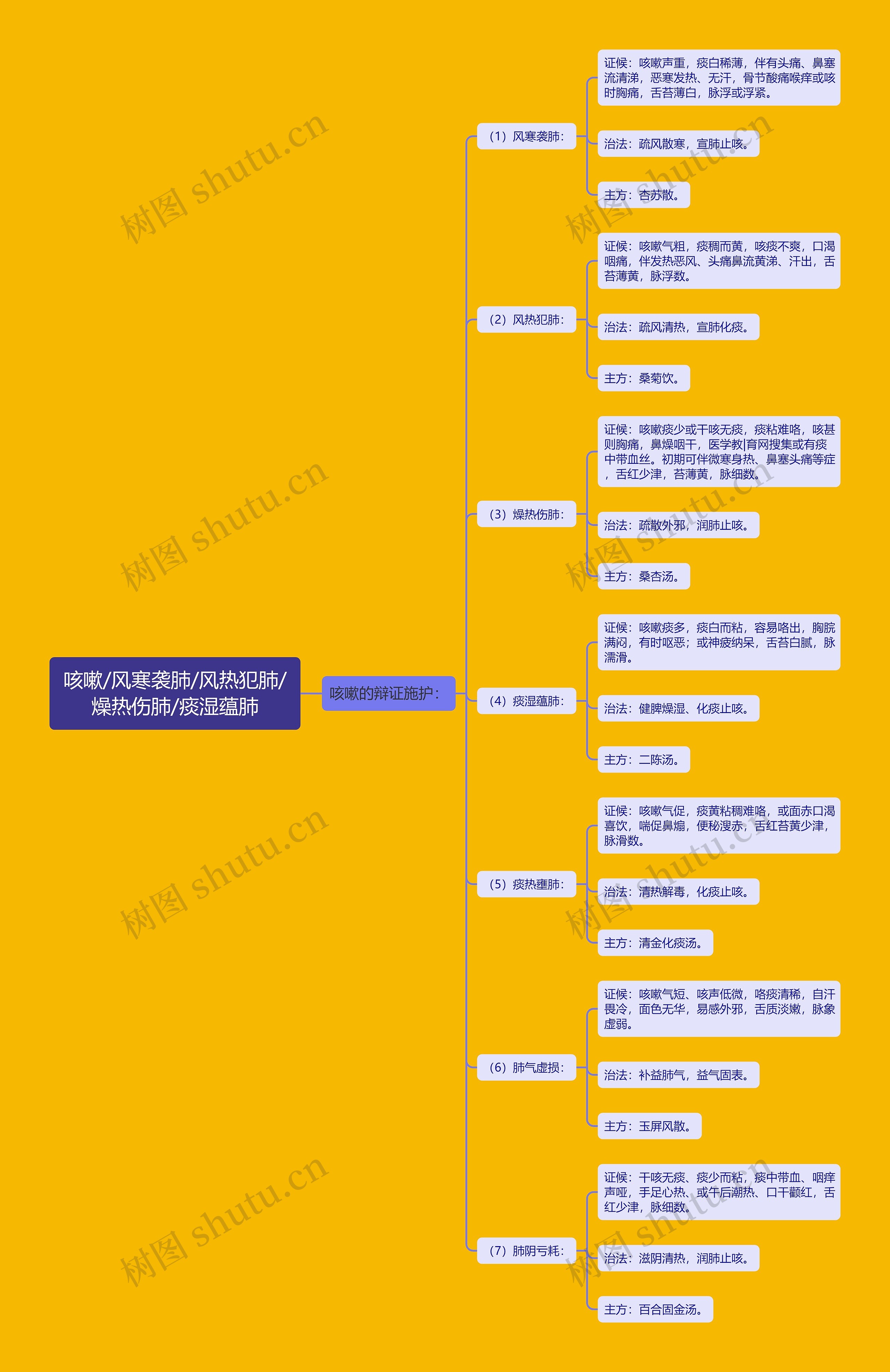 咳嗽/风寒袭肺/风热犯肺/燥热伤肺/痰湿蕴肺思维导图