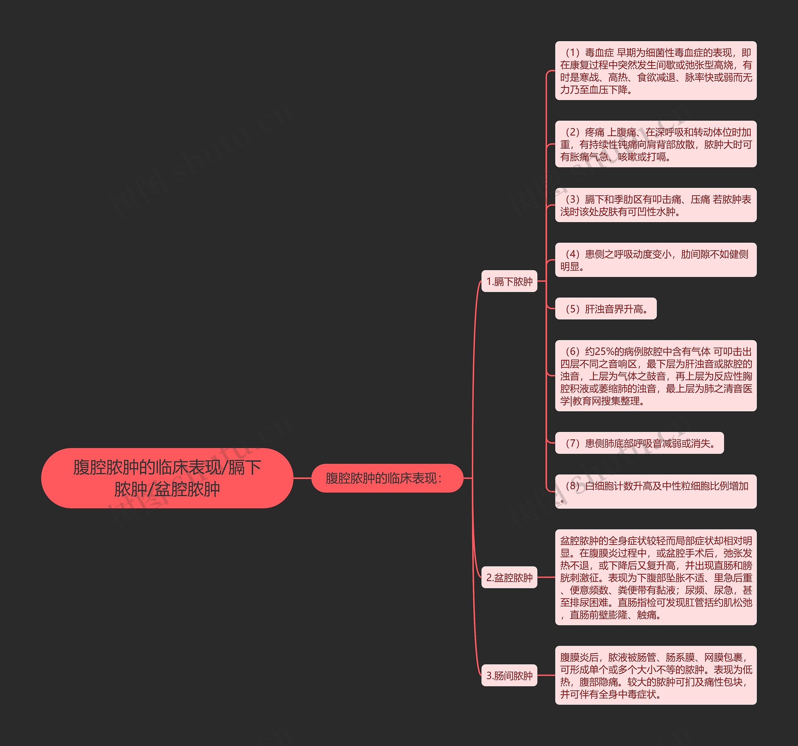 腹腔脓肿的临床表现/膈下脓肿/盆腔脓肿思维导图