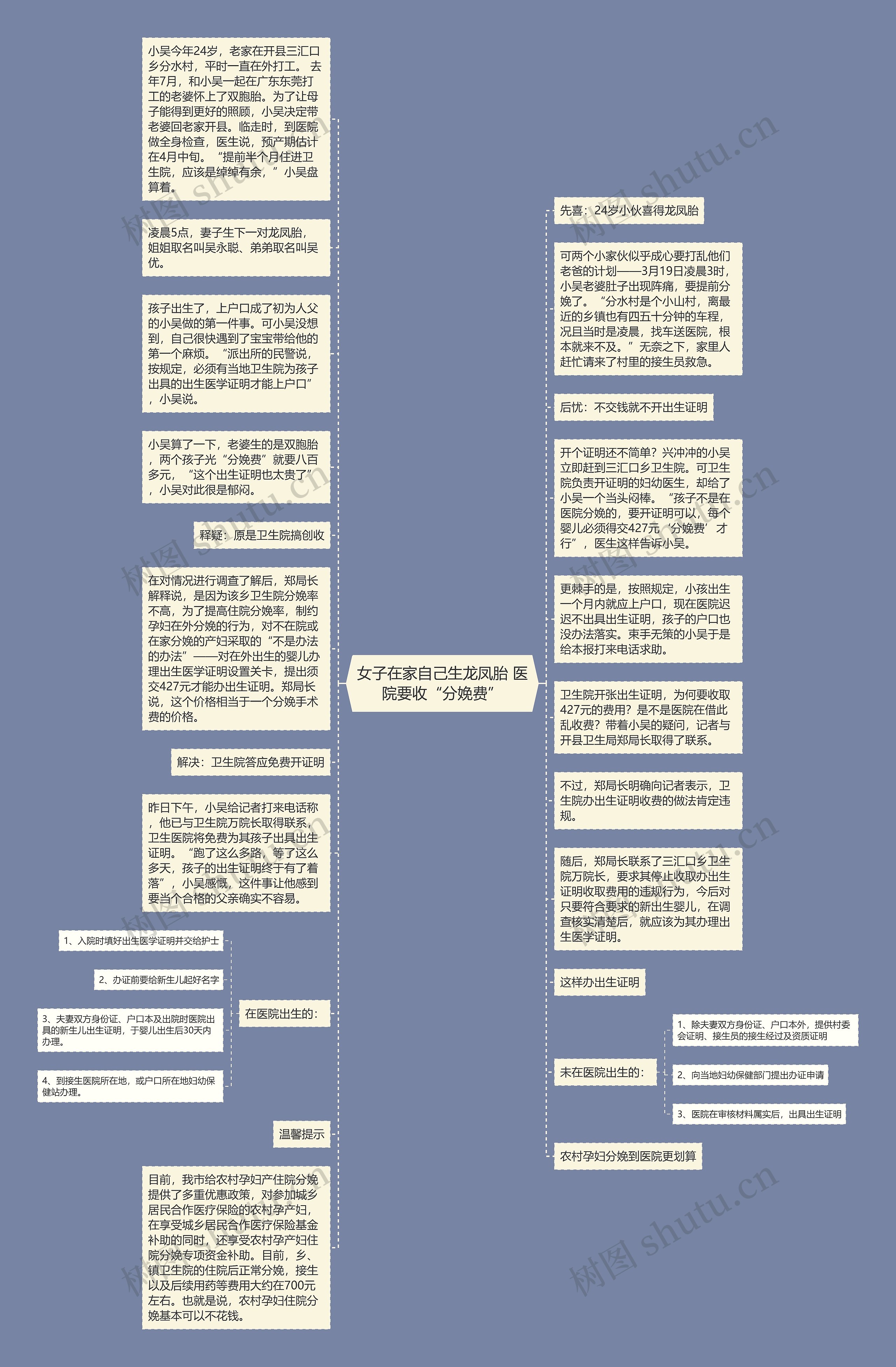 女子在家自己生龙凤胎 医院要收“分娩费”思维导图