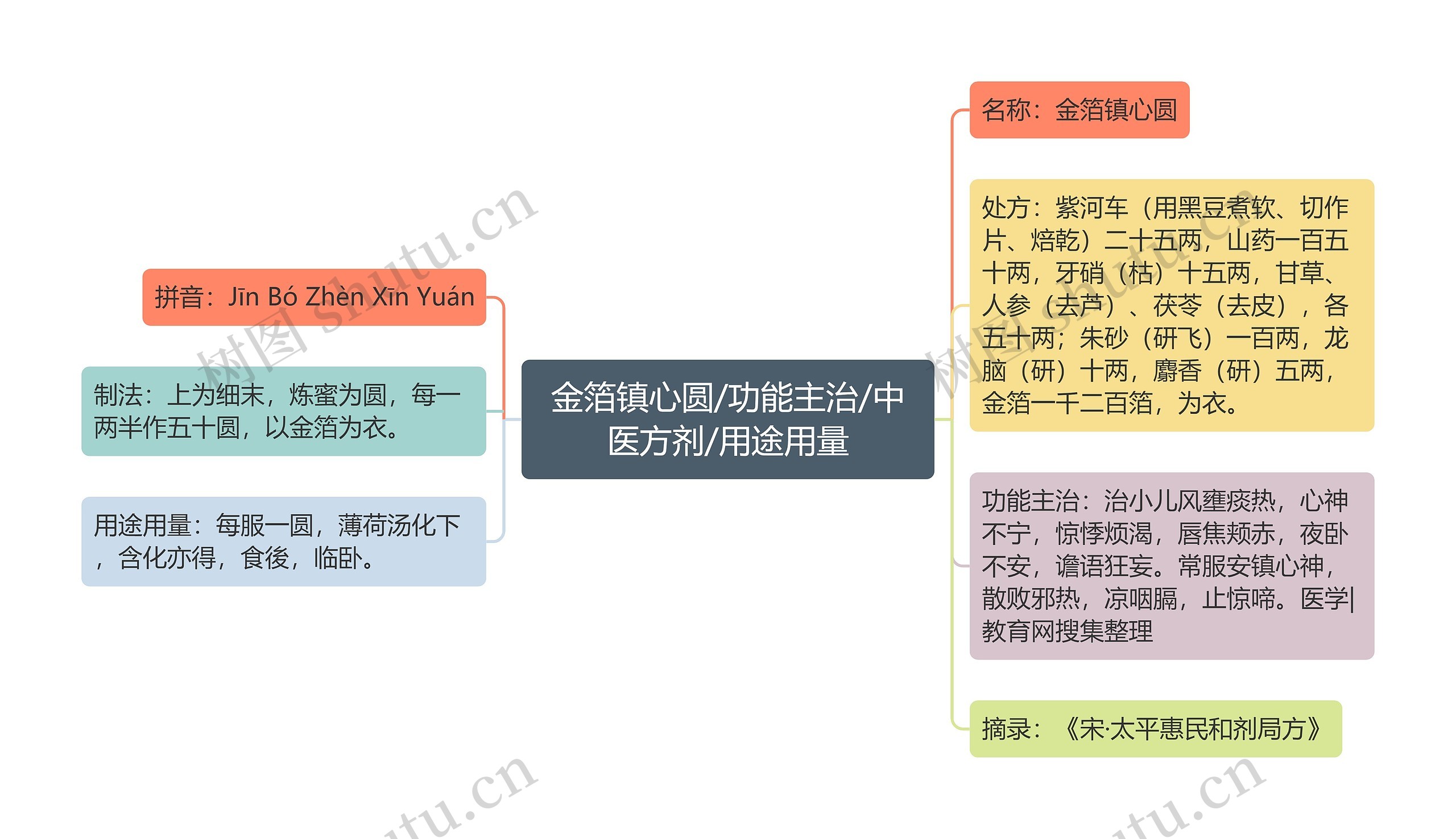 金箔镇心圆/功能主治/中医方剂/用途用量思维导图