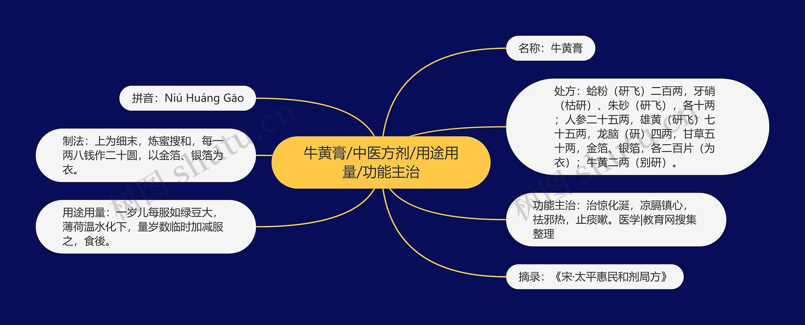 牛黄膏/中医方剂/用途用量/功能主治思维导图