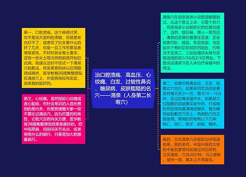 治口腔溃疡、高血压、心绞痛、白发、过敏性鼻炎、糖尿病、皮肤粗糙的名穴——涌泉（人身第二长寿穴）